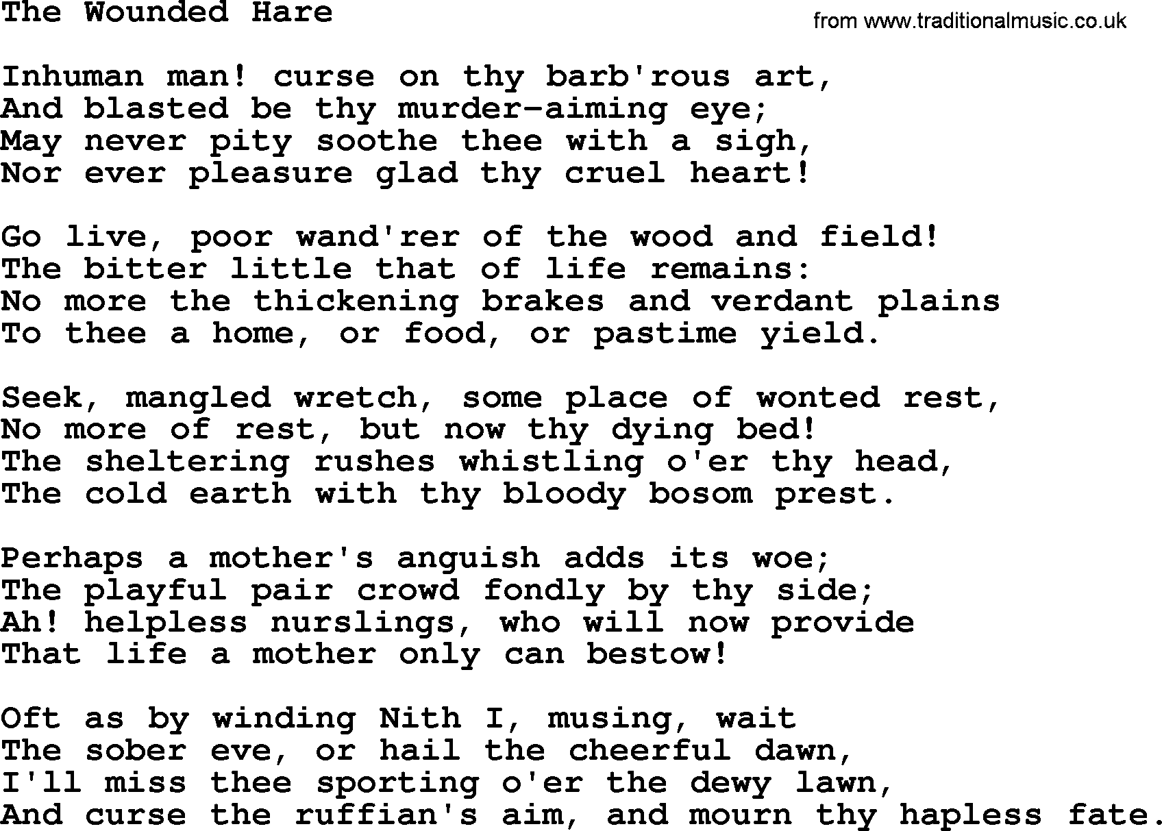 Robert Burns Songs & Lyrics: The Wounded Hare