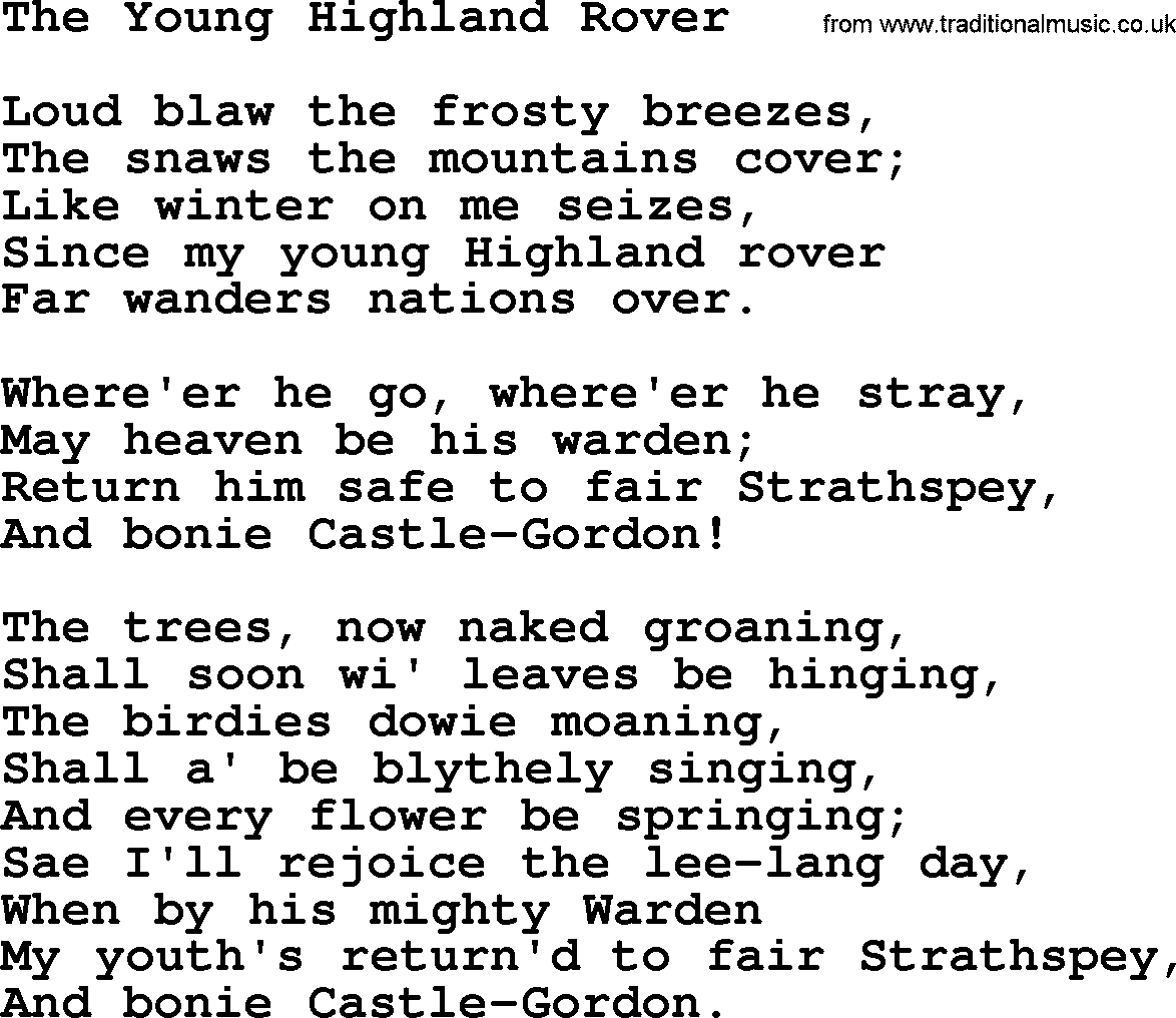 Robert Burns Songs & Lyrics: The Young Highland Rover