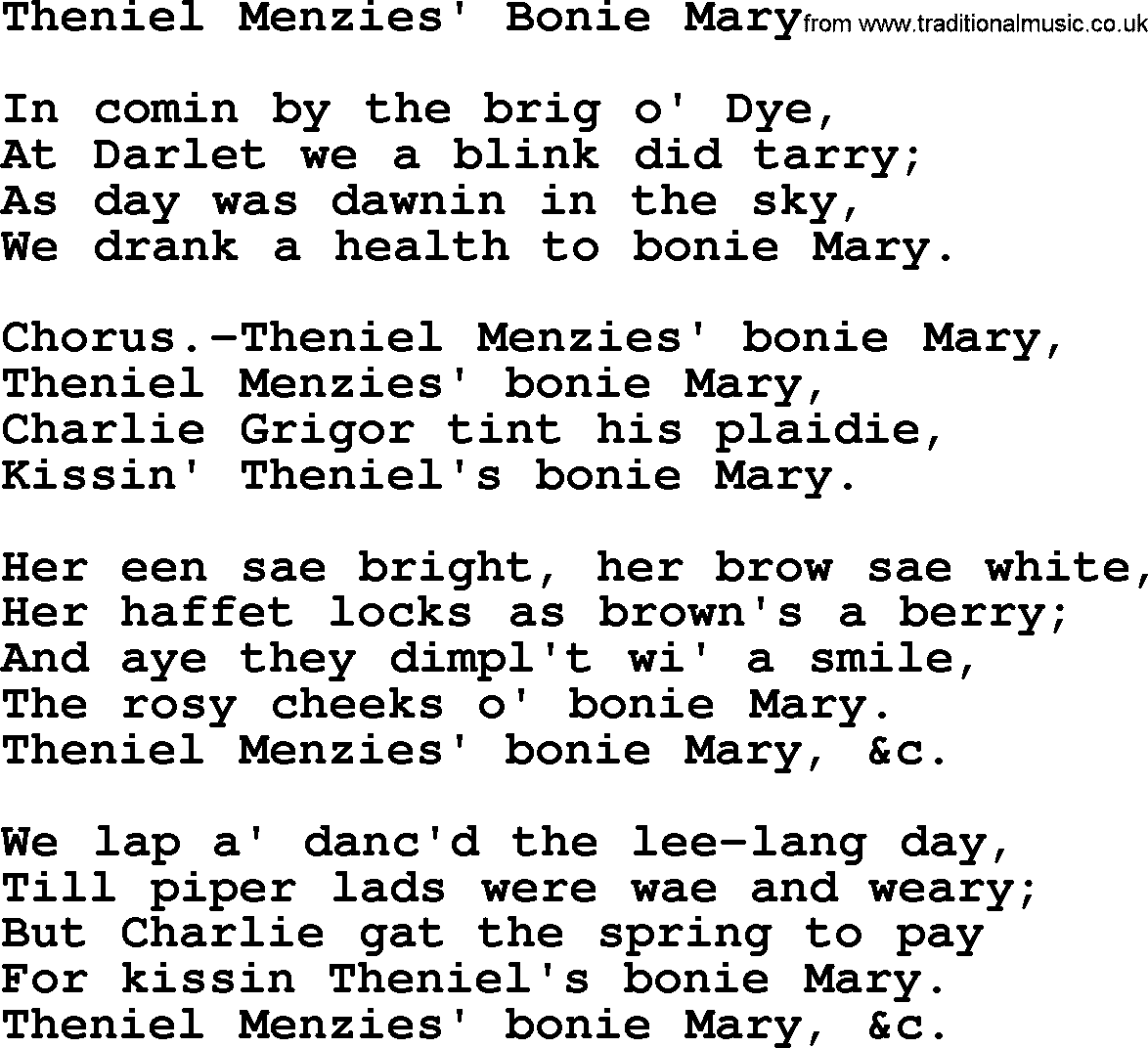 Robert Burns Songs & Lyrics: Theniel Menzies' Bonie Mary