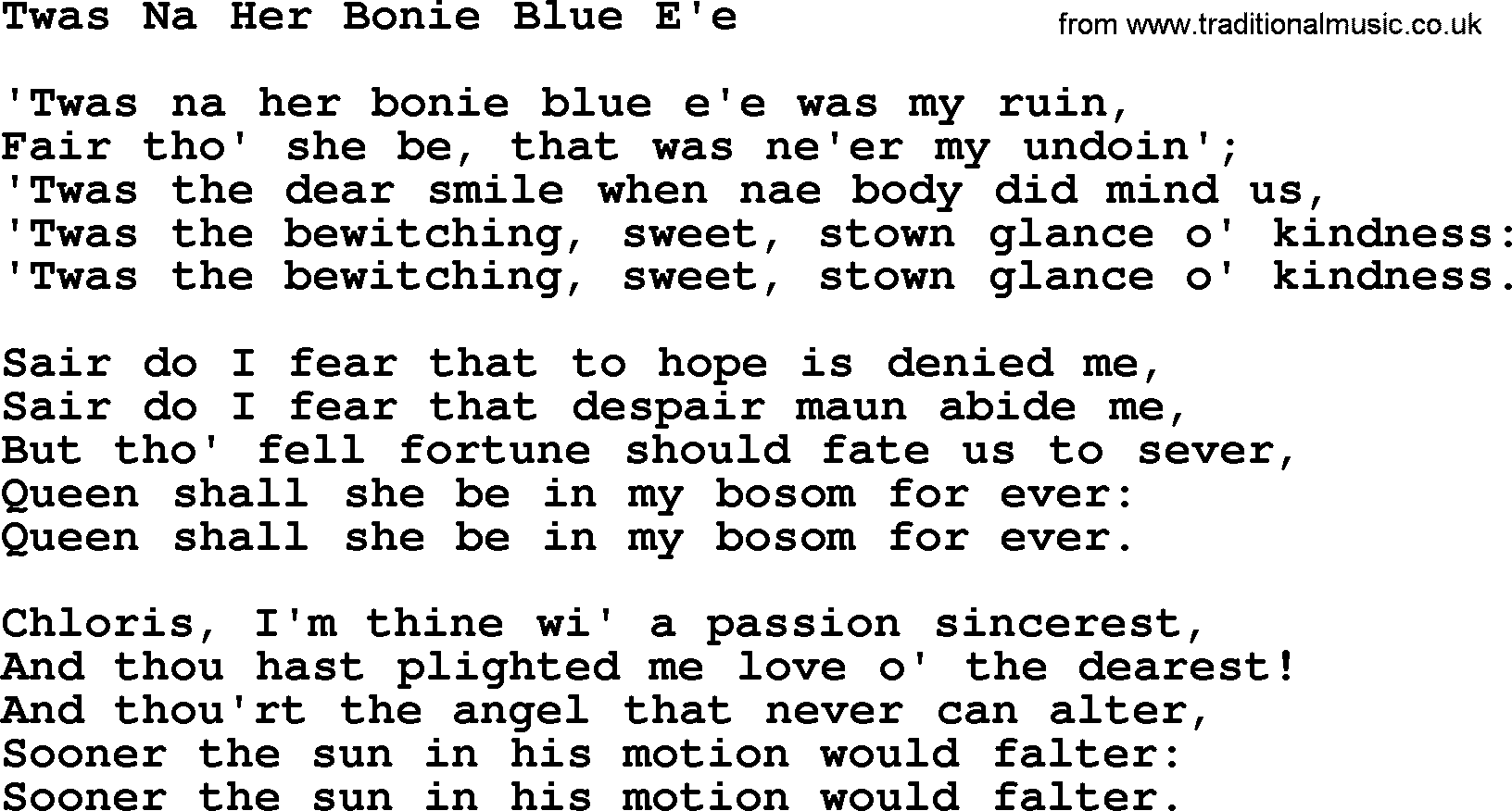 Robert Burns Songs & Lyrics: Twas Na Her Bonie Blue E'e