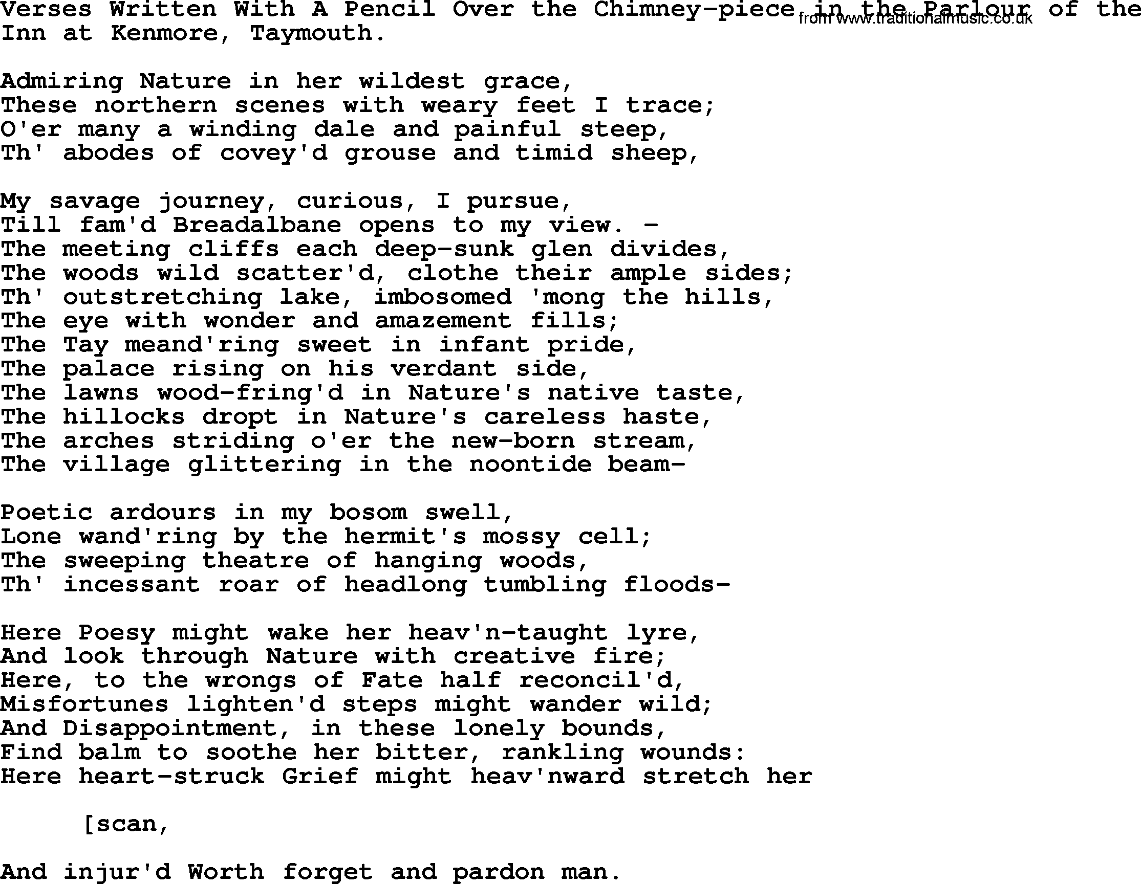 Robert Burns Songs & Lyrics: Verses Written With A Pencil