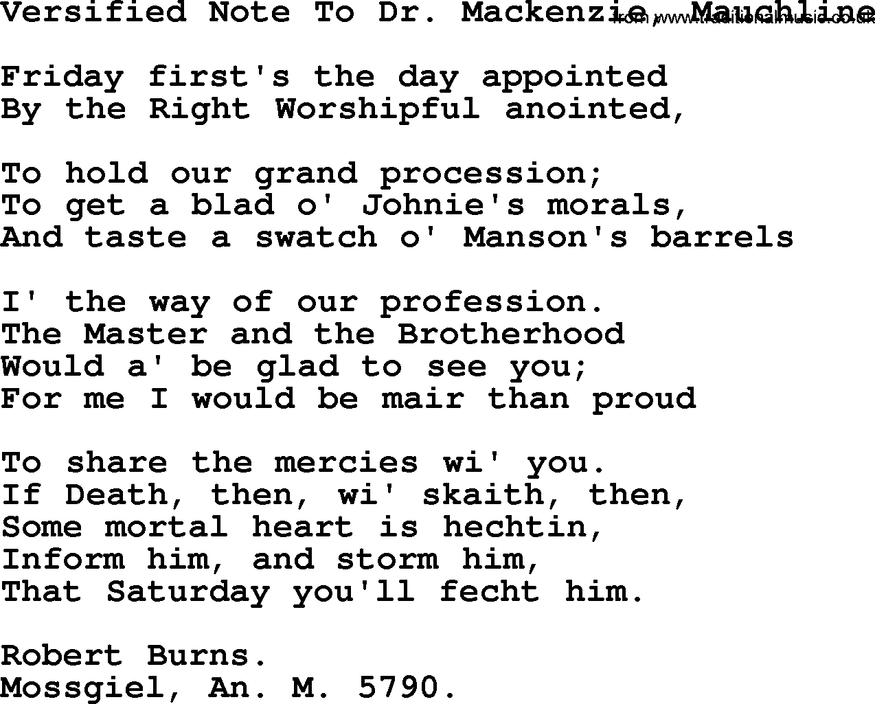 Robert Burns Songs & Lyrics: Versified Note To Dr. Mackenzie, Mauchline