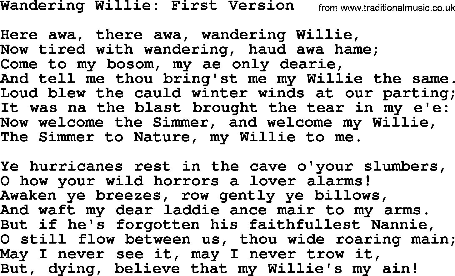 Robert Burns Songs & Lyrics: Wandering Willie First Version