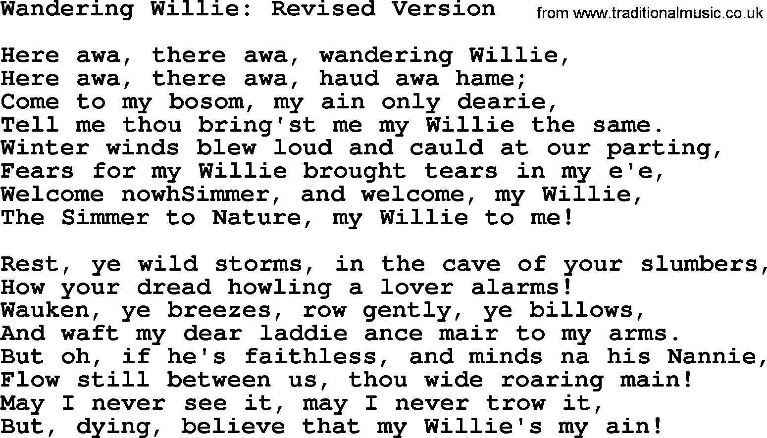 Robert Burns Songs & Lyrics: Wandering Willie Revised Version