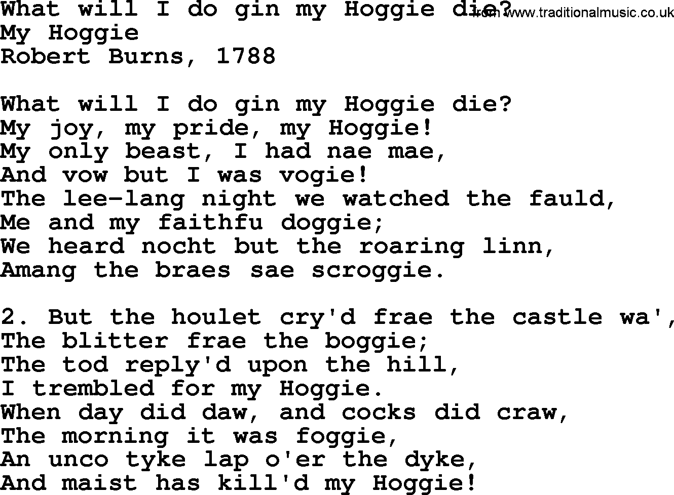 Robert Burns Songs & Lyrics: What Will I Do Gin My Hoggie Die 