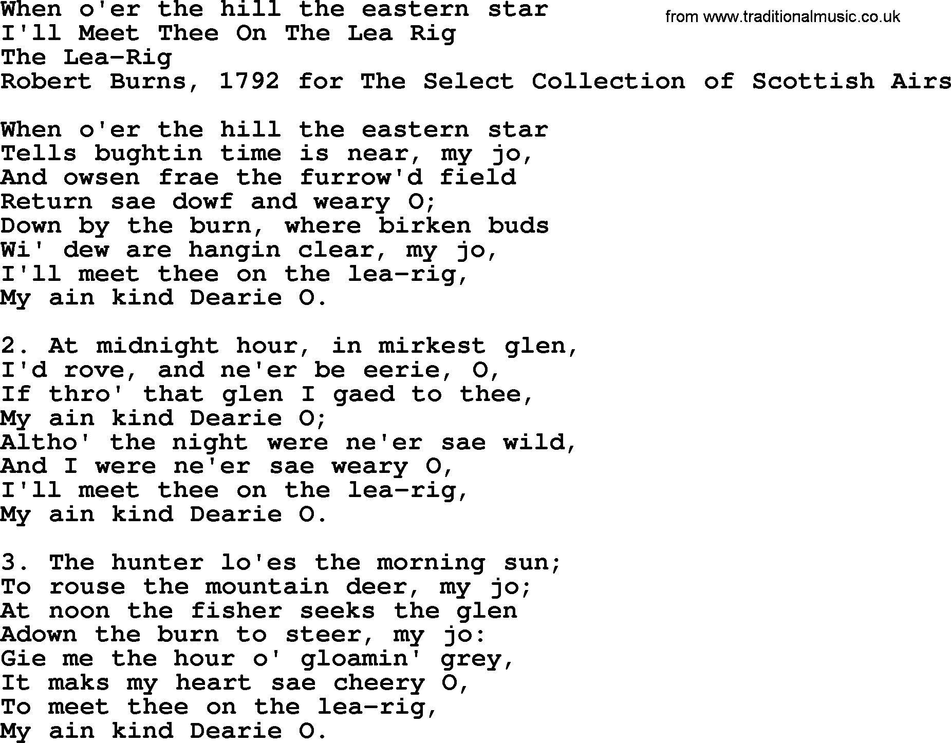Robert Burns Songs & Lyrics: When O'er The Hill The Eastern Star