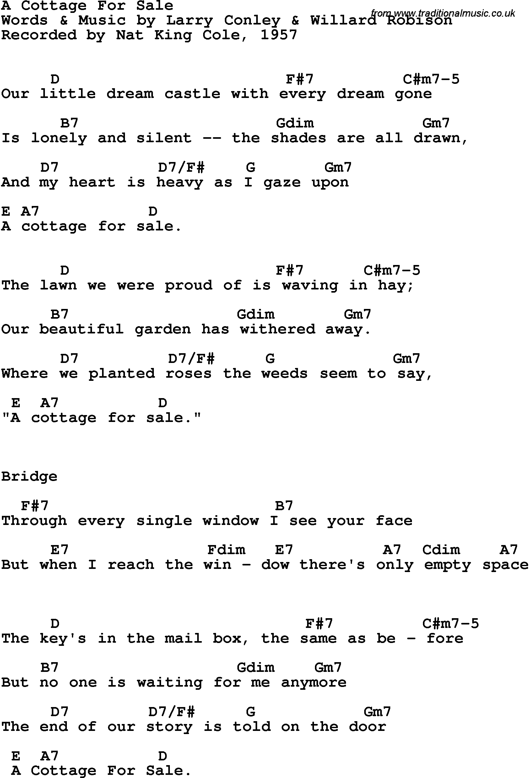 Song Lyrics with guitar chords for A Cottage For Sale - Nat King Cole, 1947