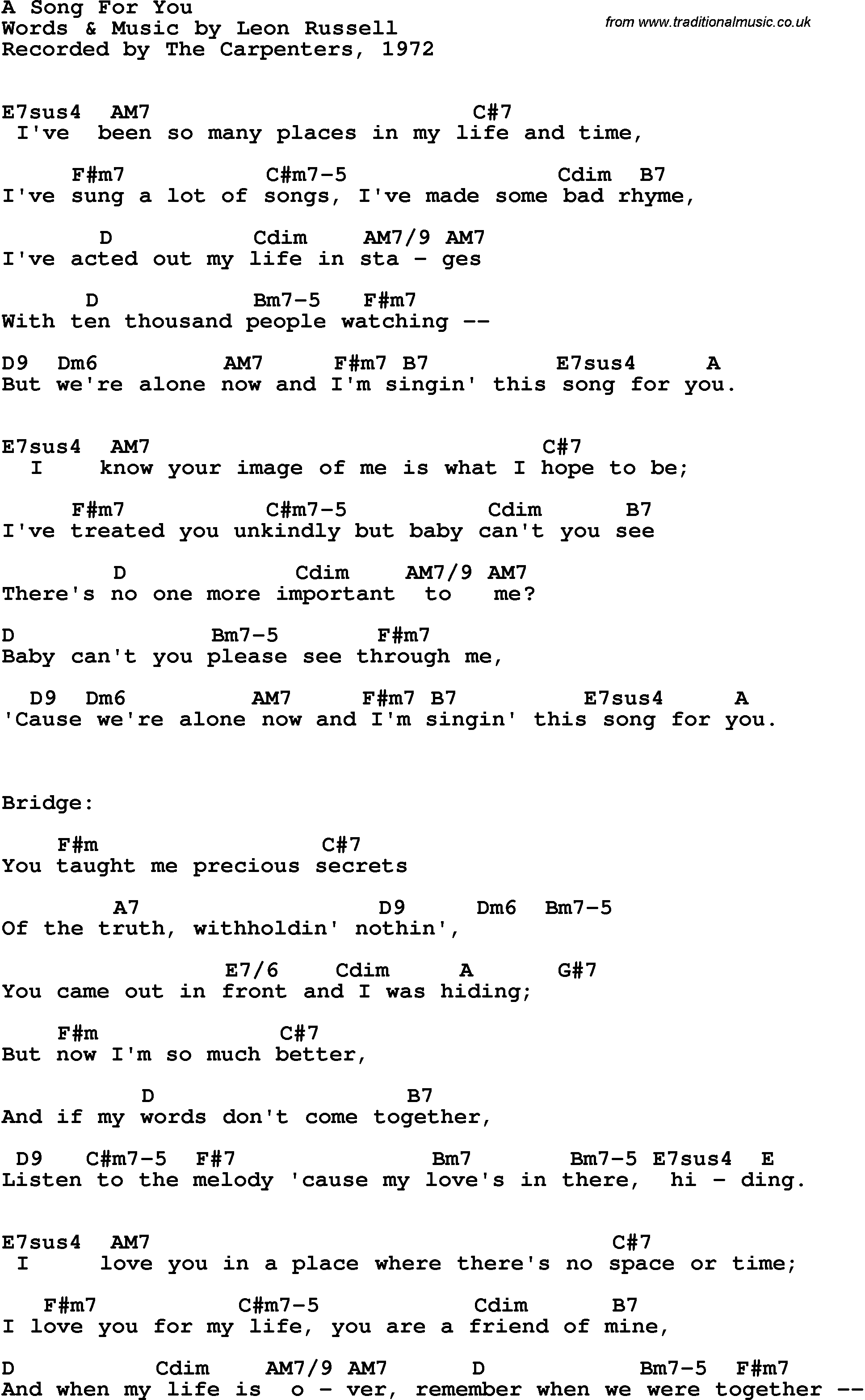 Song Lyrics with guitar chords for A Song For You - The Carpenters, 1972