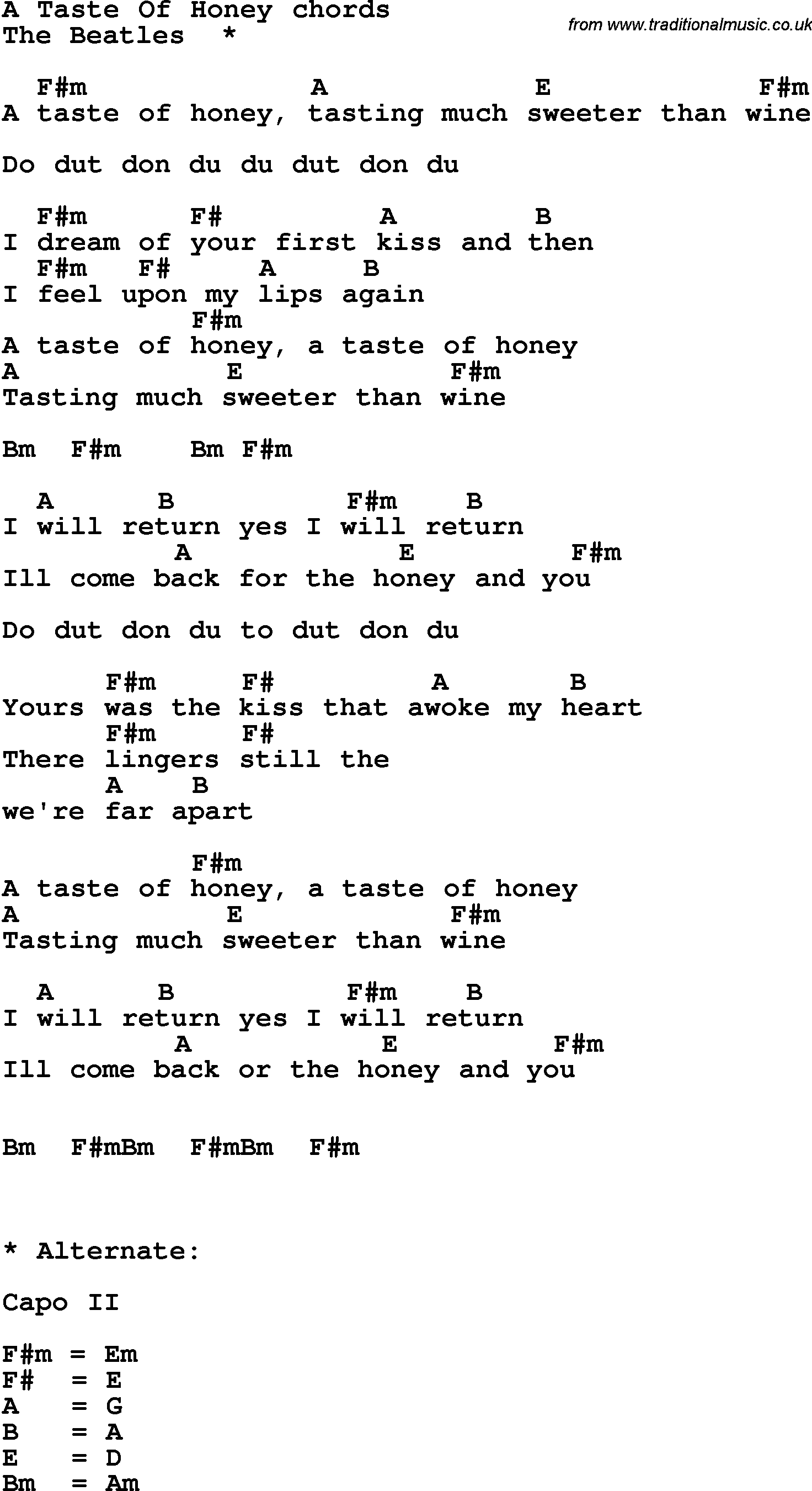 Song Lyrics with guitar chords for A Taste Of Honey - The Beatles