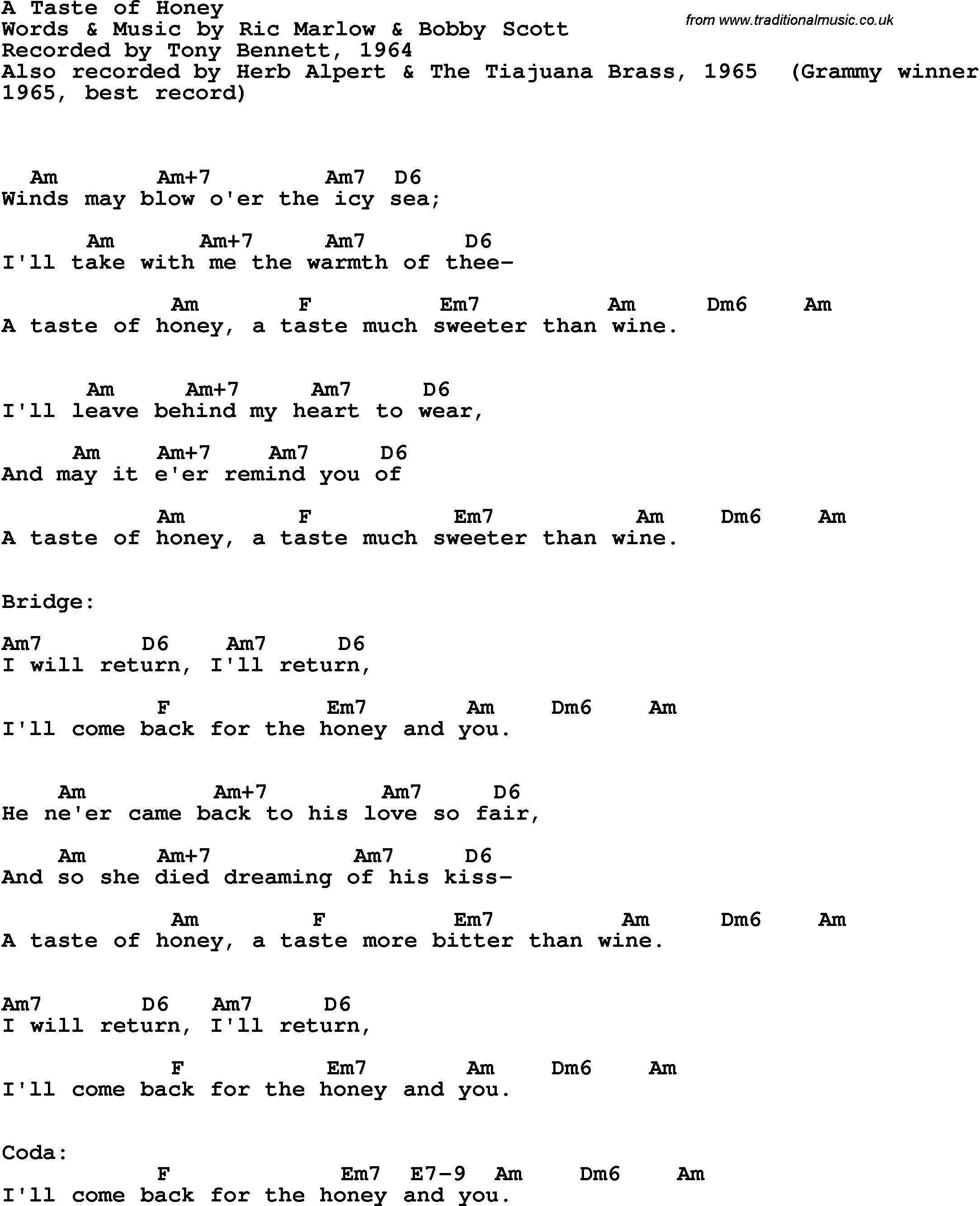 Song Lyrics with guitar chords for A Taste Of Honey - Tony Bennett, 1964