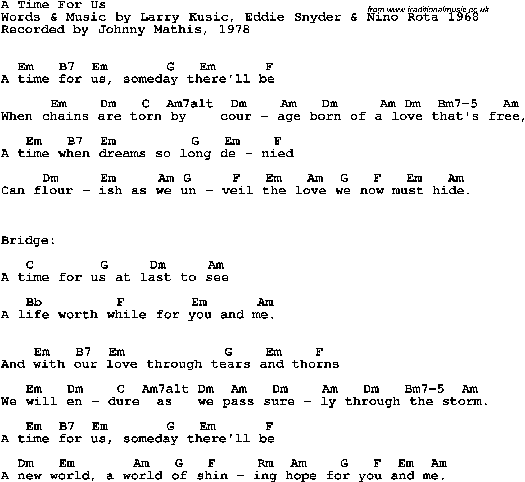 Song Lyrics with guitar chords for A Time For Us - Johnny Mathis, 1978