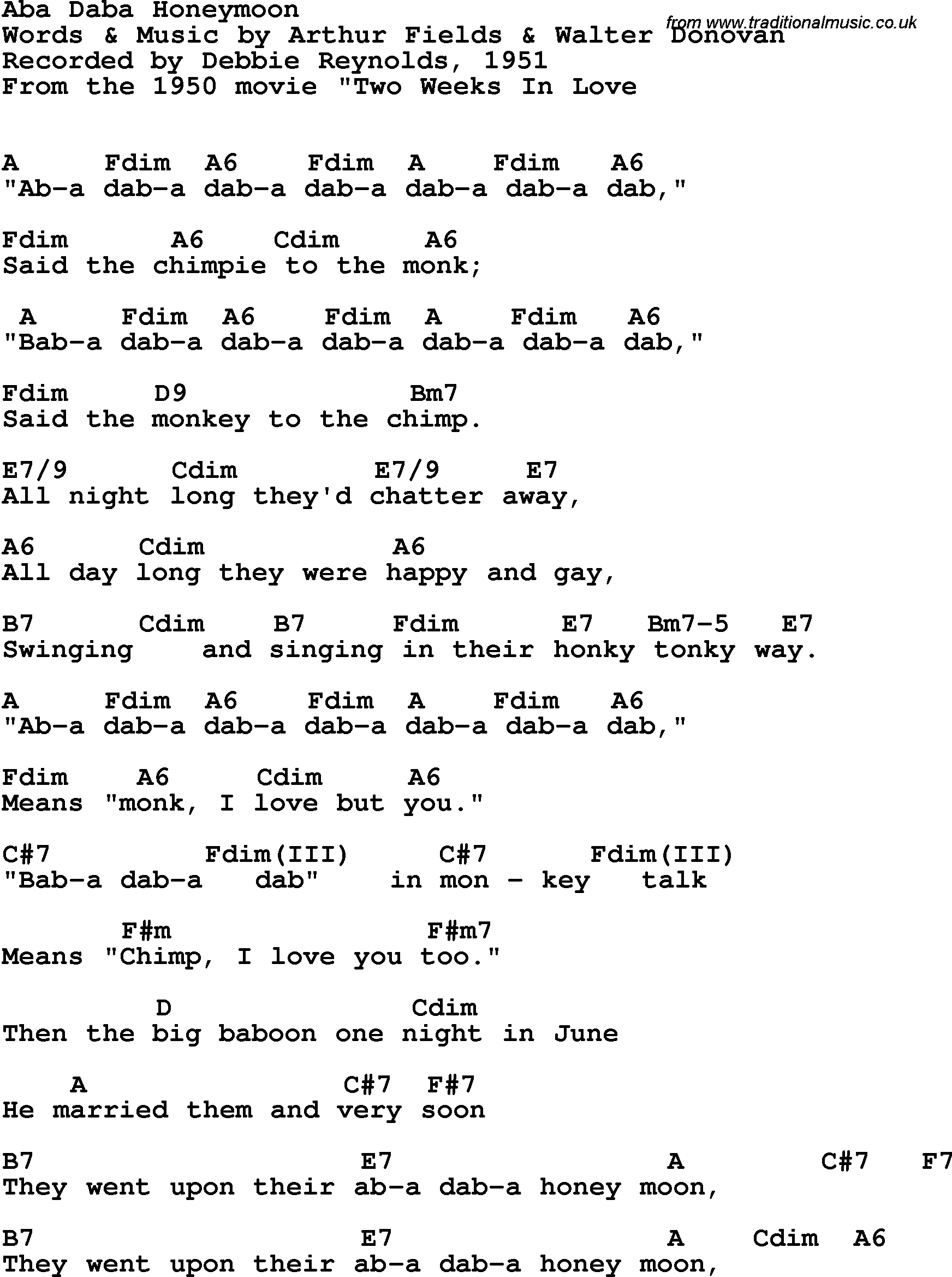 Song Lyrics with guitar chords for Aba Daba Honeymoon - Debbie Reynolds, 1951