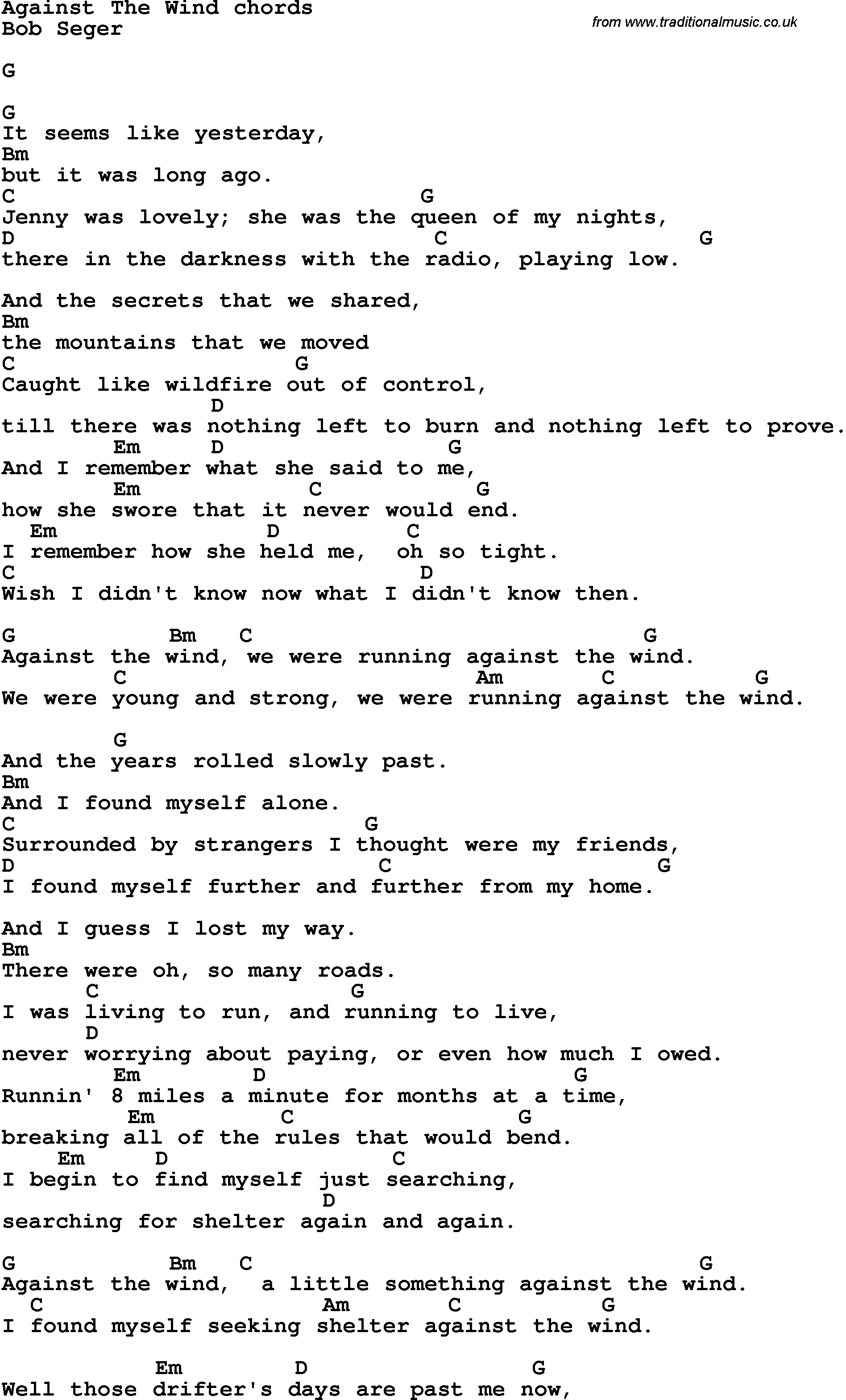 Song Lyrics with guitar chords for Against The Wind