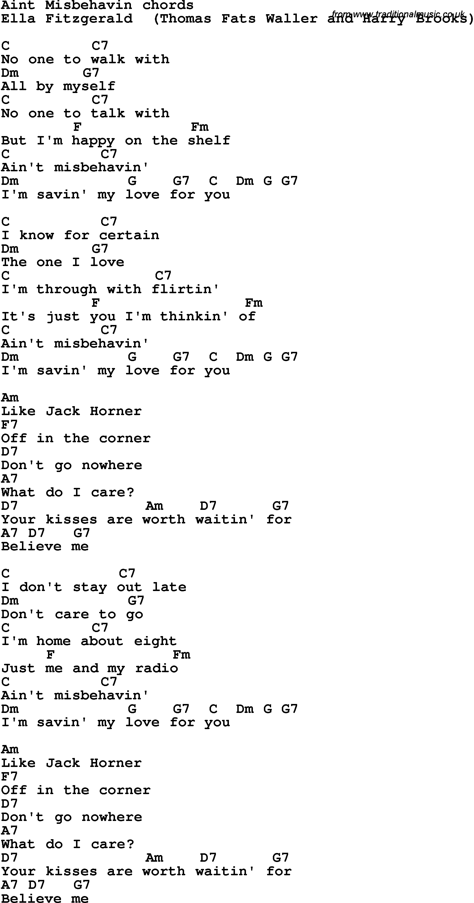 Song Lyrics with guitar chords for Ain't Misbehavin - Ella Fitzgerald