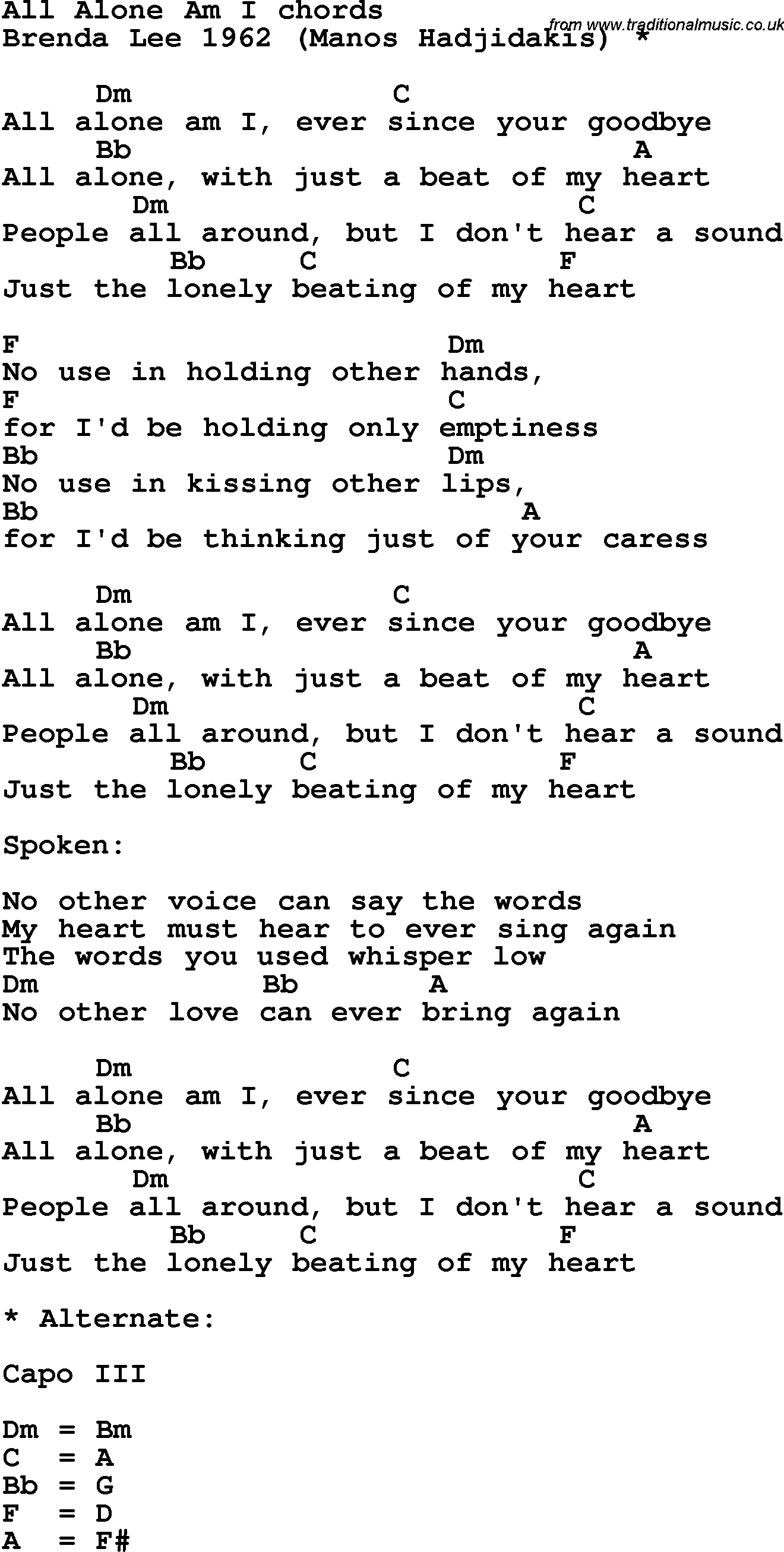 Song Lyrics with guitar chords for All Alone Am I