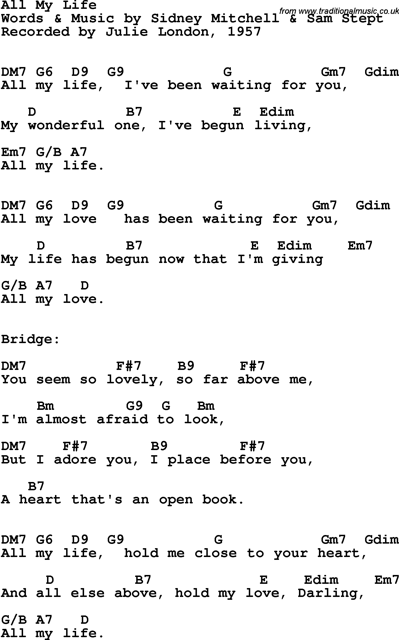 Song Lyrics with guitar chords for All My Life - Julie London, 1957