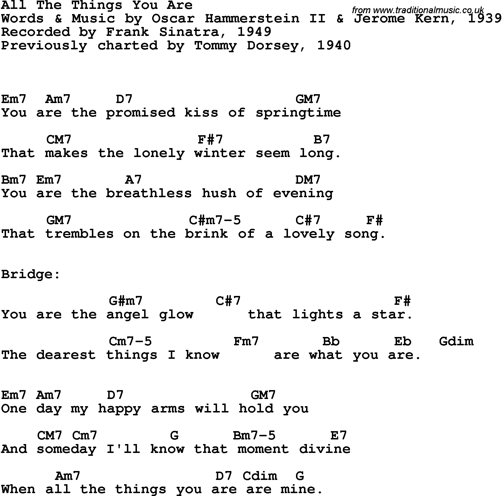 Song Lyrics with guitar chords for All The Things You Are - Frank Sinatra, 1949
