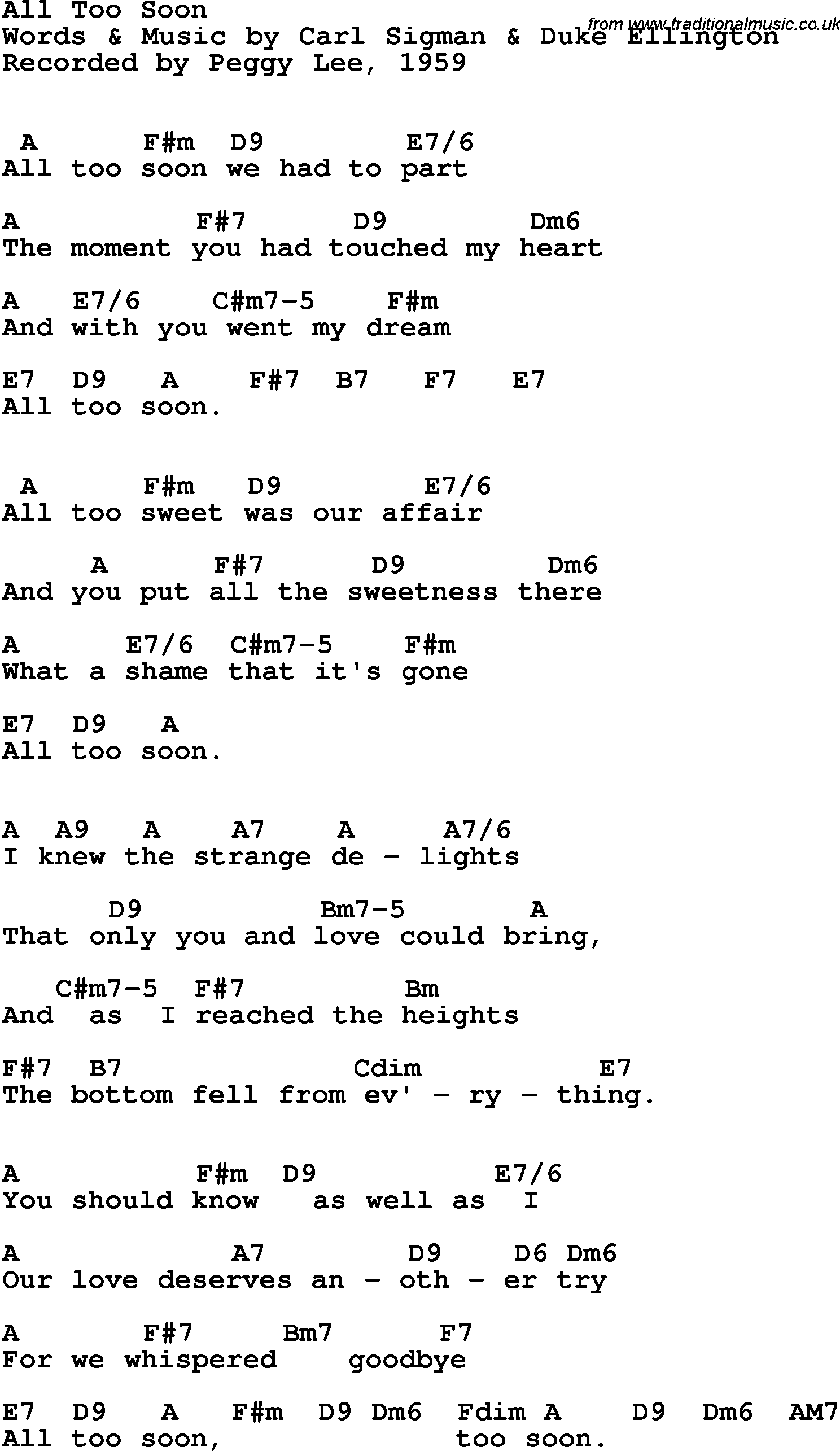 Song Lyrics with guitar chords for All Too Soon - Peggy Lee, 1959