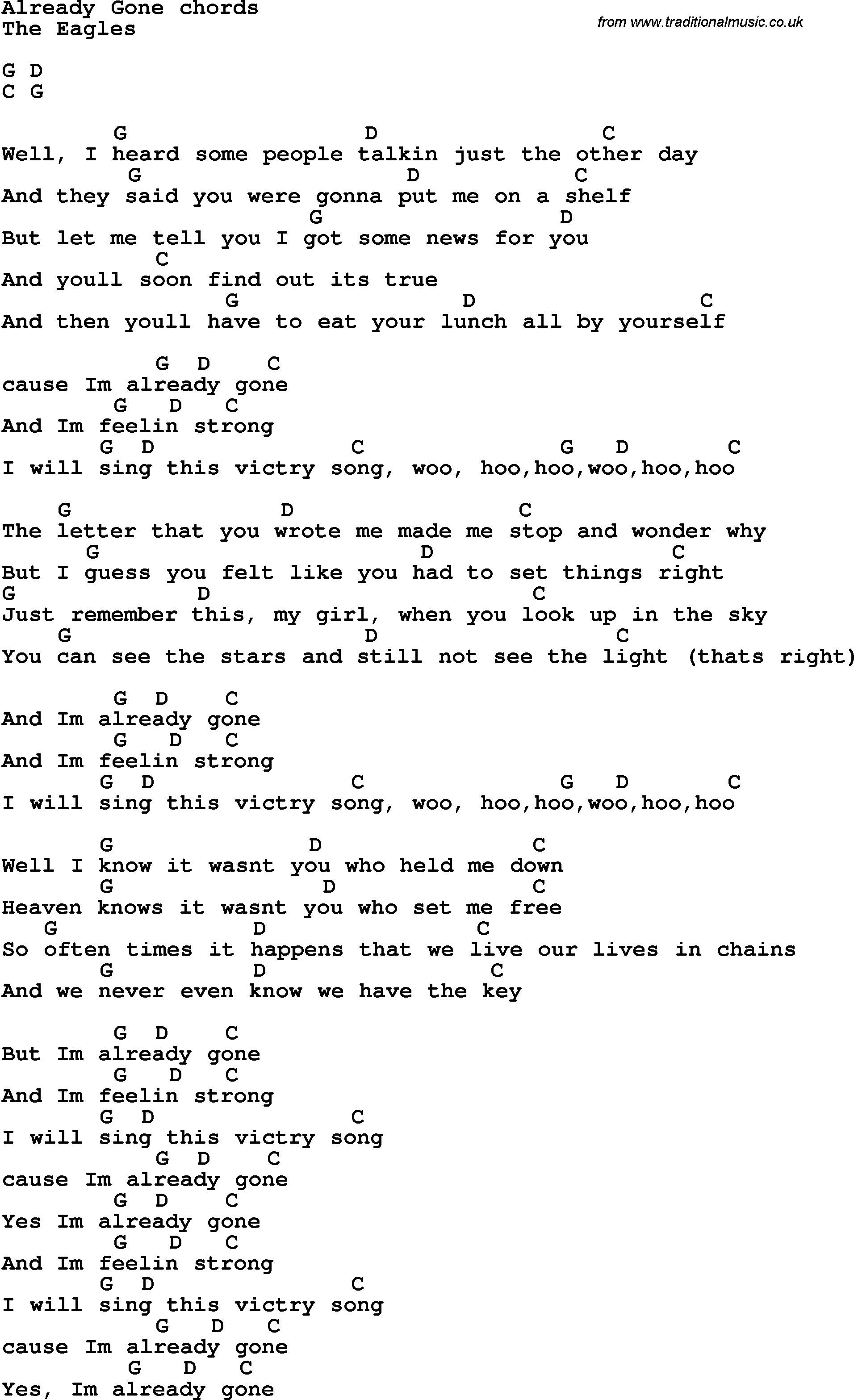 Song Lyrics with guitar chords for Already Gone