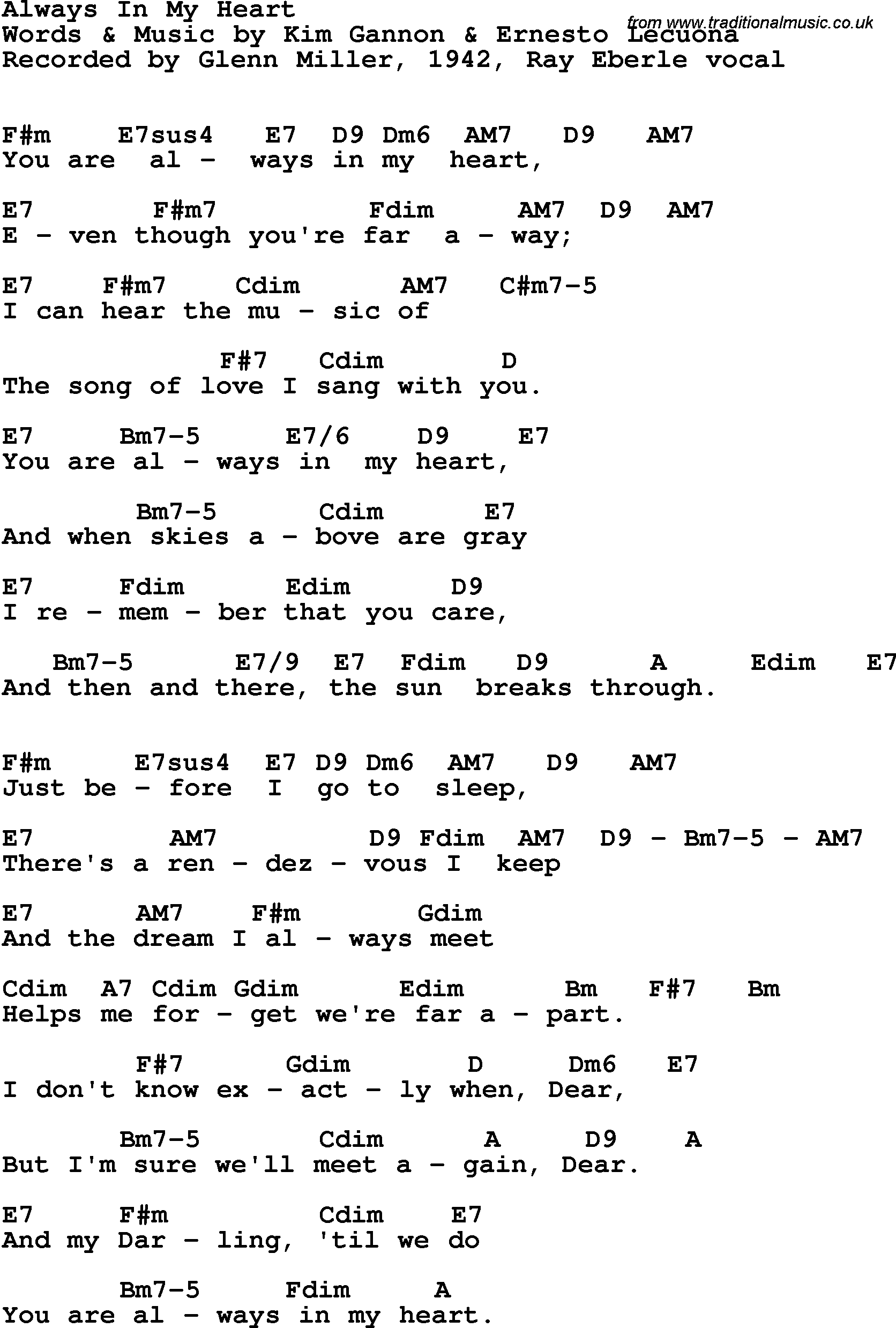 Song Lyrics with guitar chords for Always In My Heart - Glenn Miller, 1942