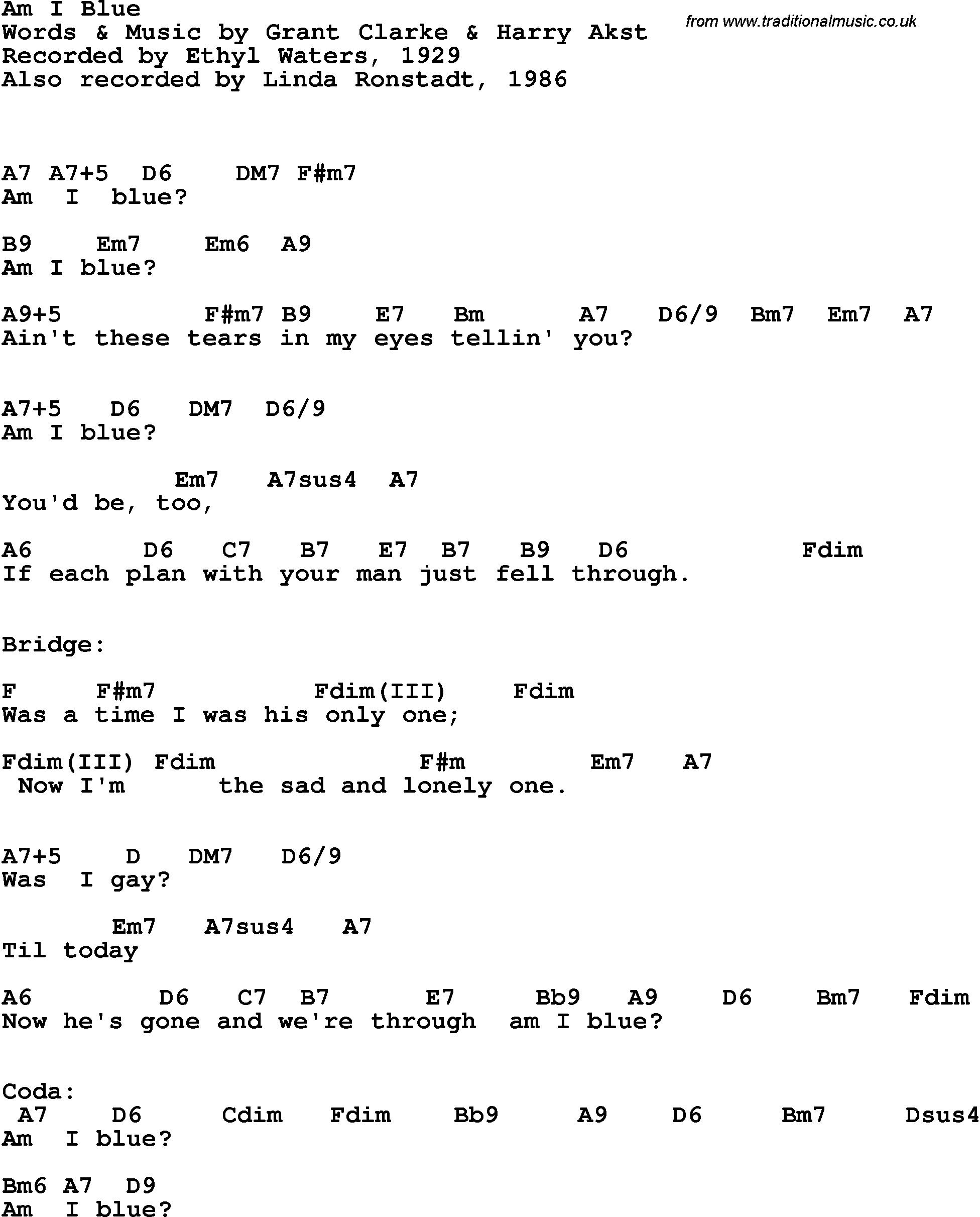 Song Lyrics with guitar chords for Am I Blue - Ethel Waters, 1929