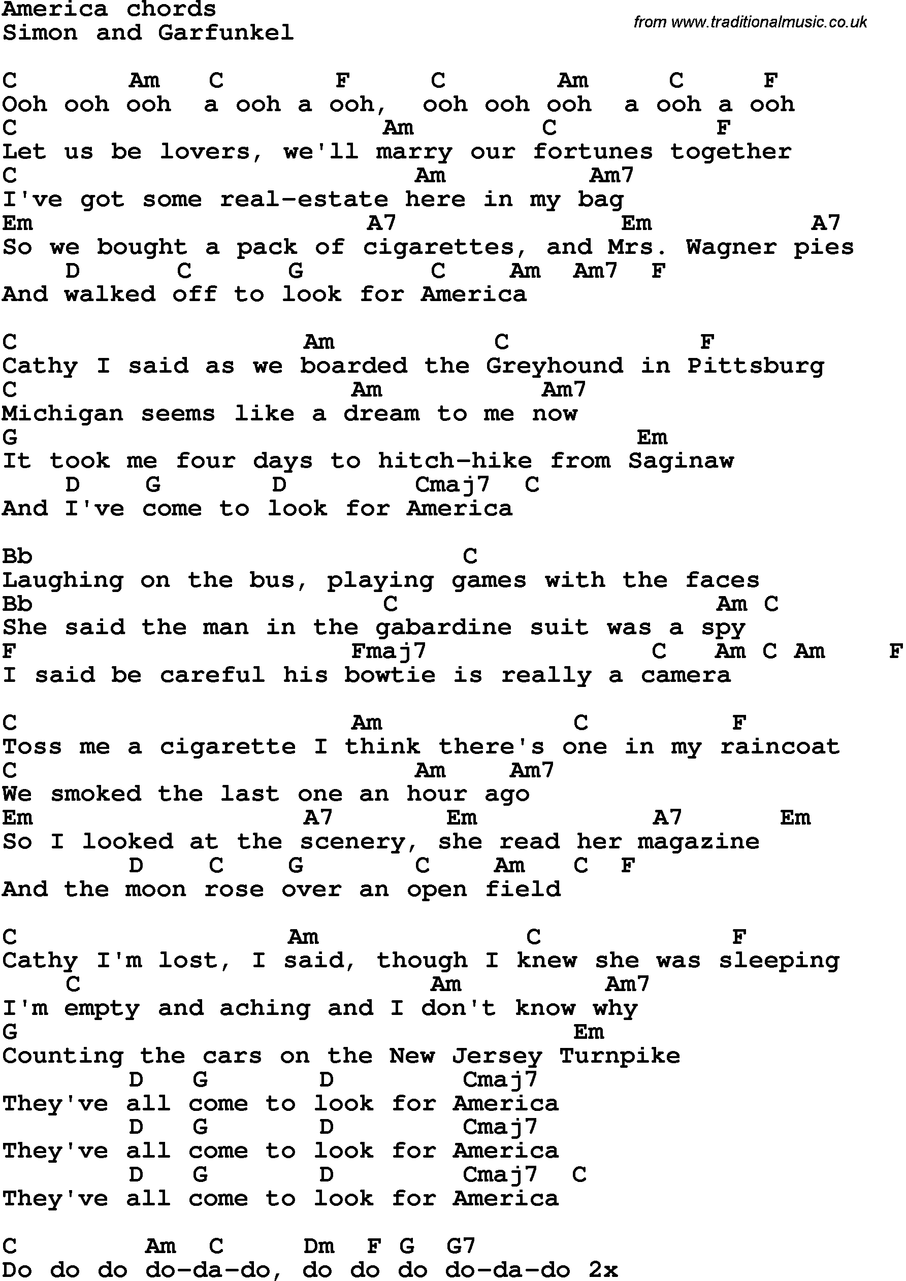 Song Lyrics with guitar chords for America - Simon And Garfunkel