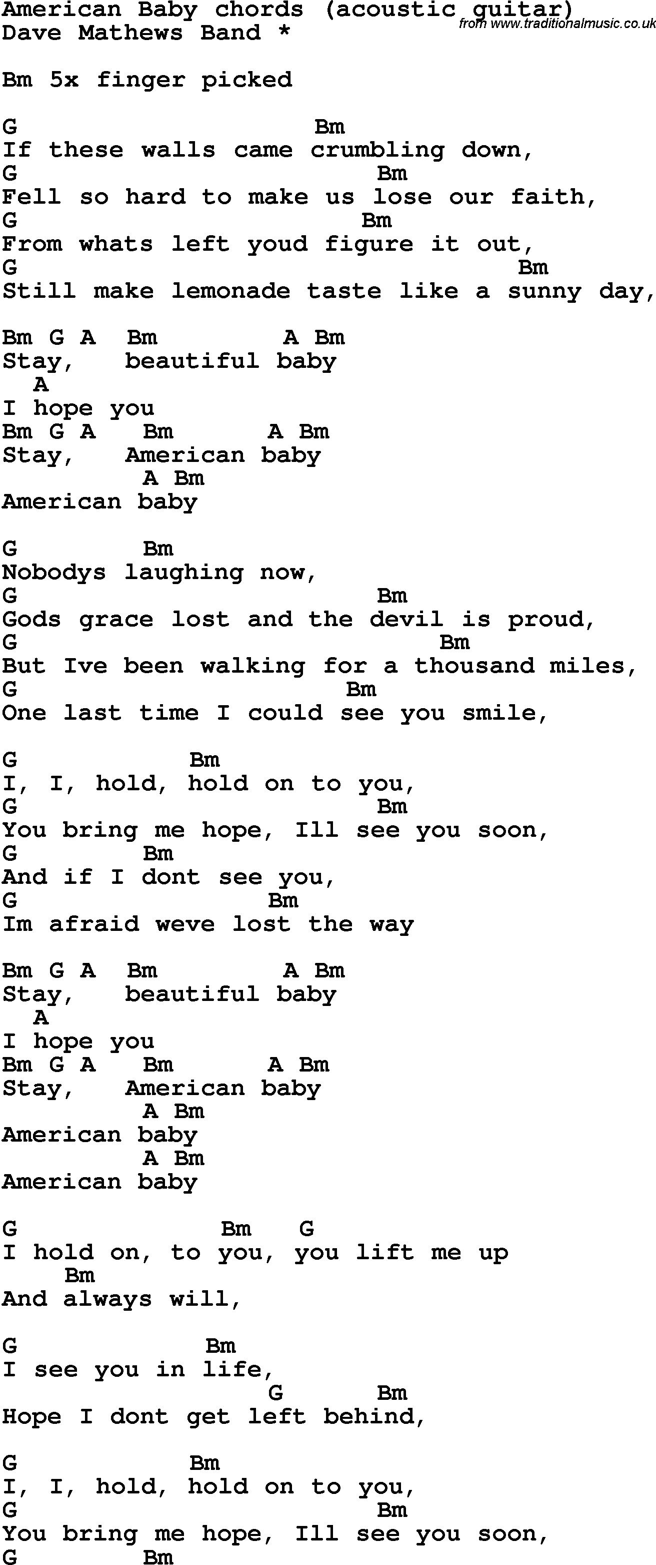 Song Lyrics with guitar chords for American Baby