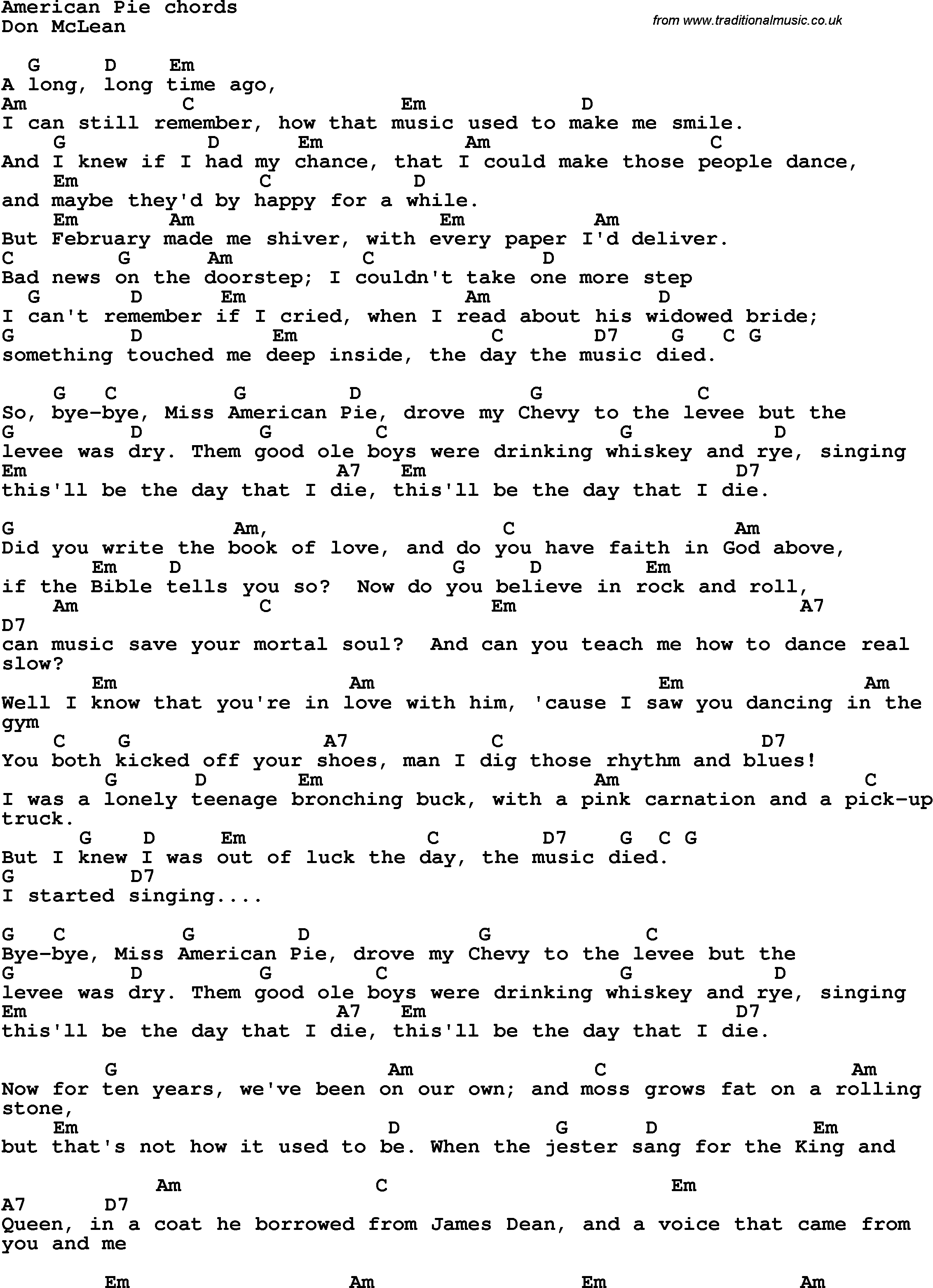 Song Lyrics with guitar chords for American Pie