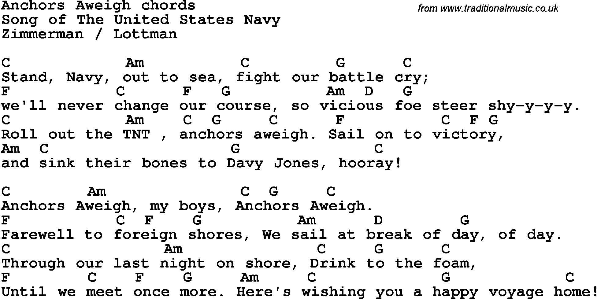 Song Lyrics with guitar chords for Anchors Aweigh