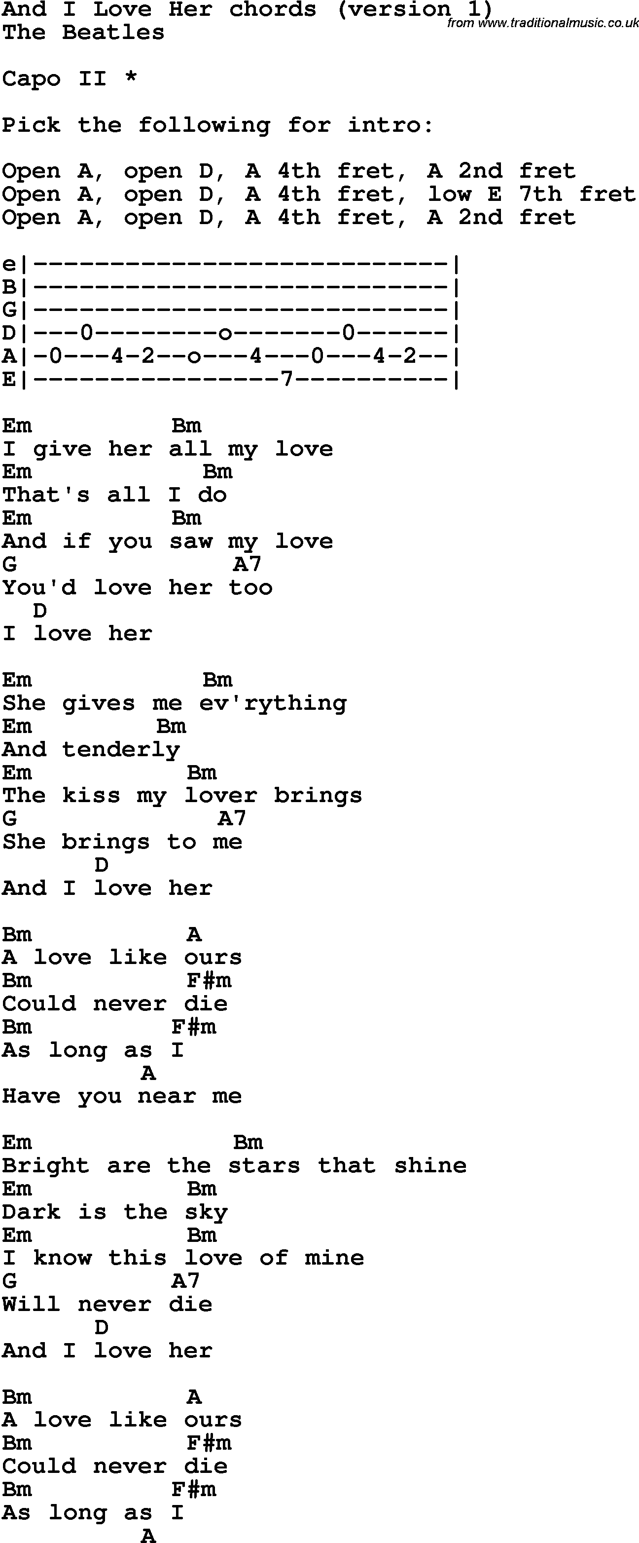 Song Lyrics with guitar chords for And I Love Her