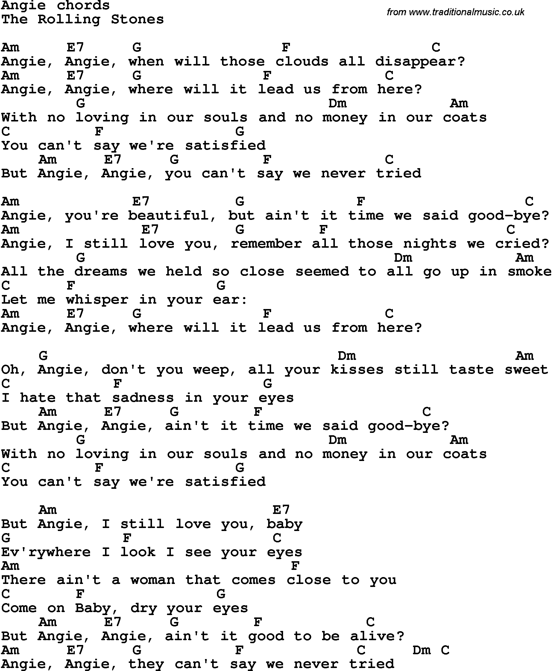 Song Lyrics with guitar chords for Angie - The Rolling Stones