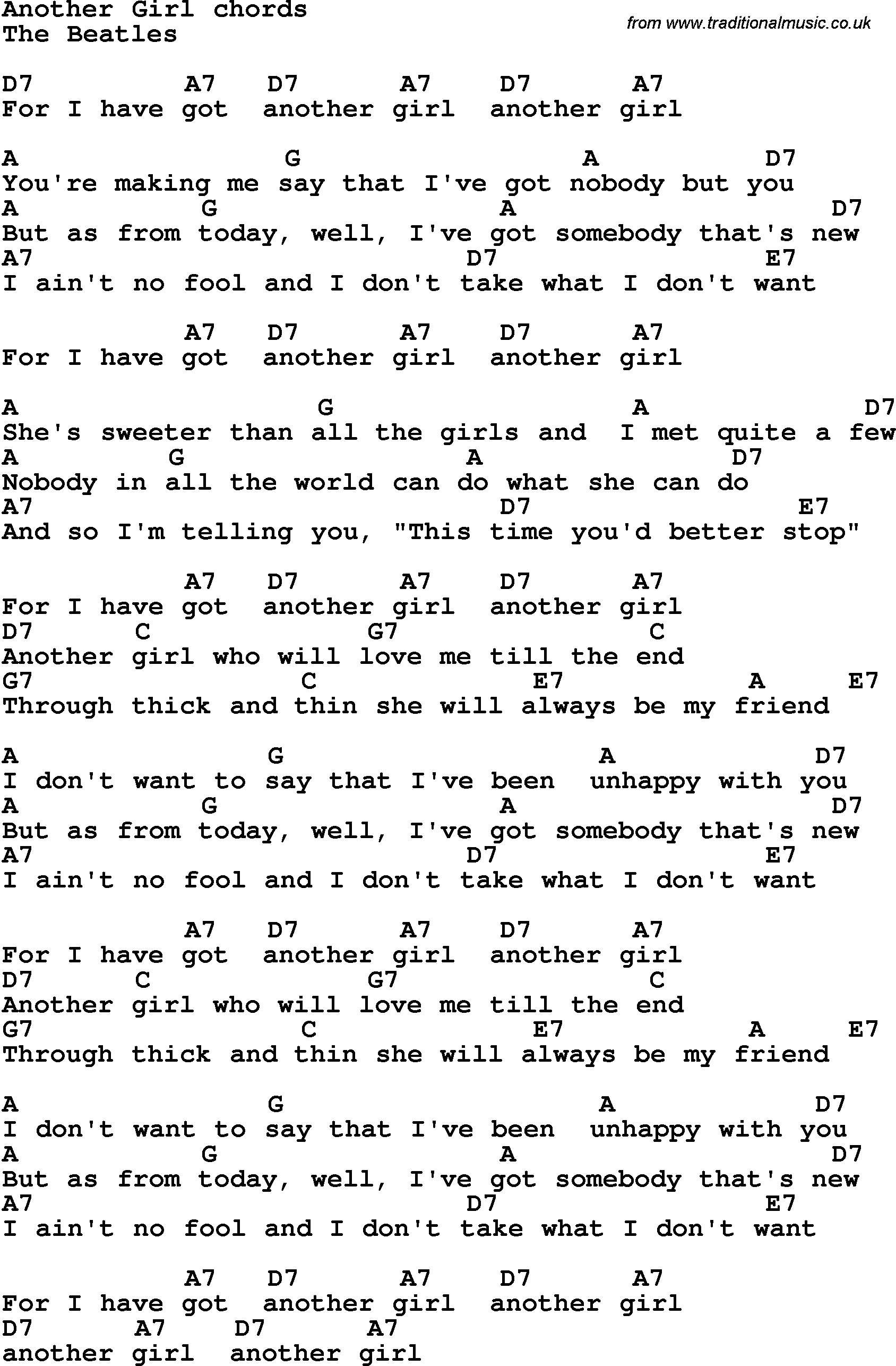 Song Lyrics with guitar chords for Another Girl - The Beatles