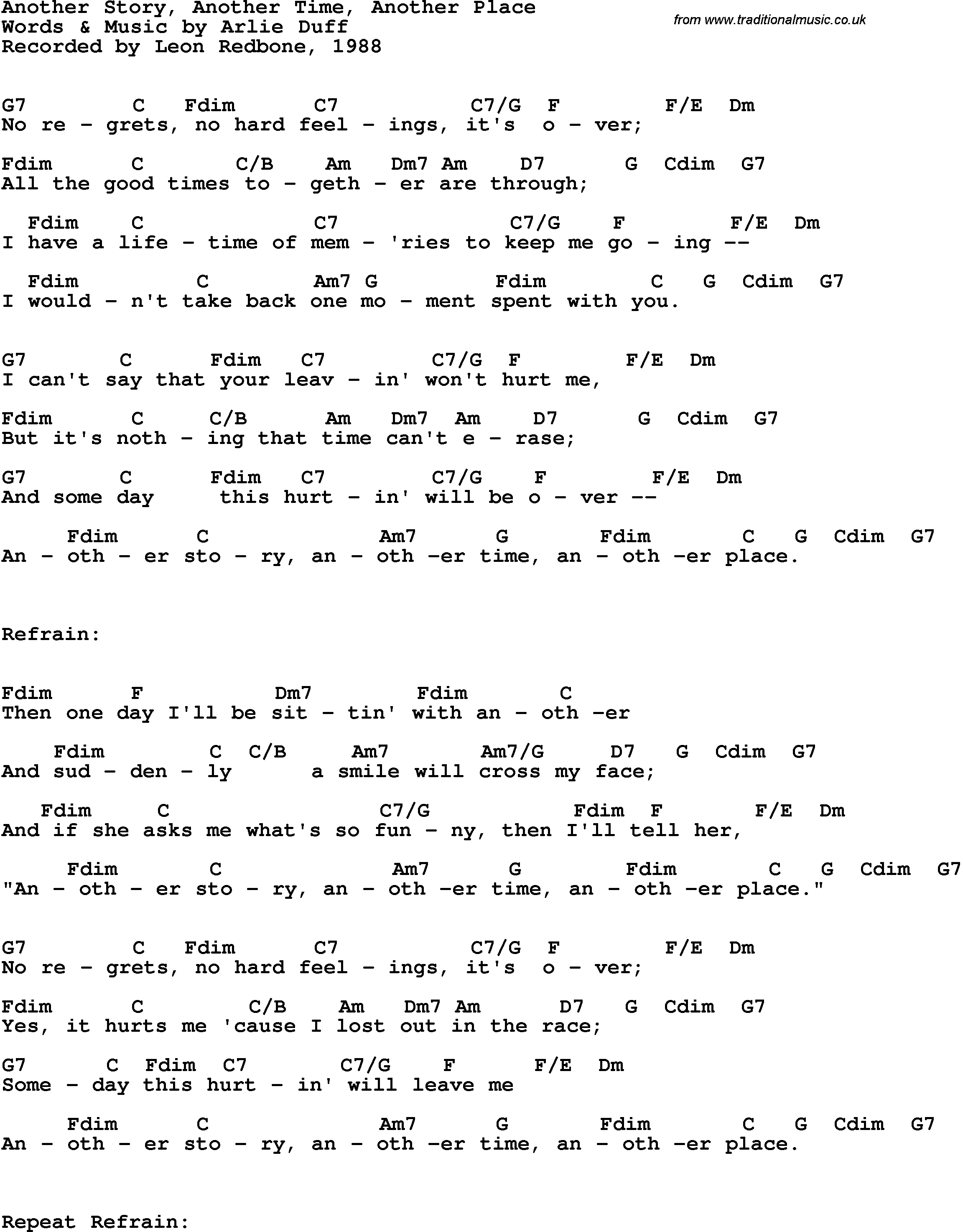 Song Lyrics with guitar chords for Another Story, Another Time, Another Place - Leon Redbone, 1988