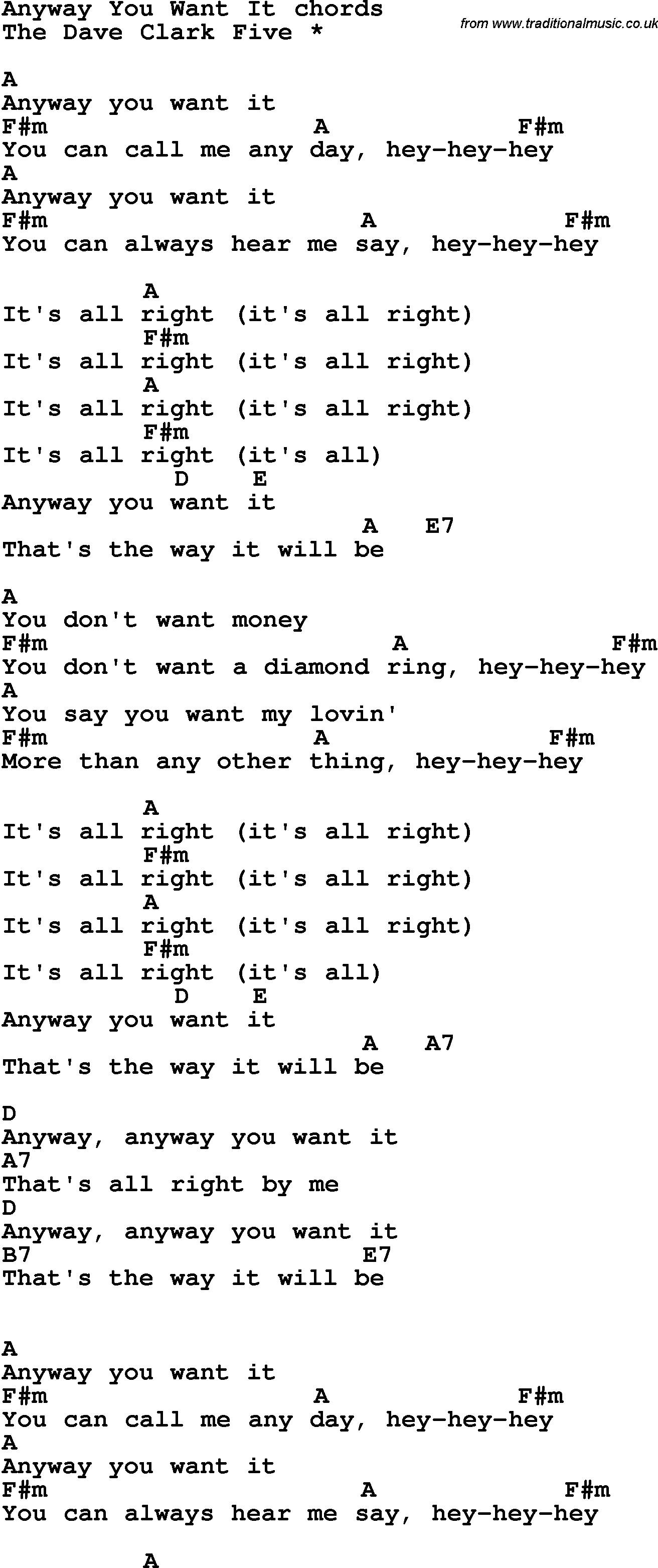 Song Lyrics with guitar chords for Anyway You Want It