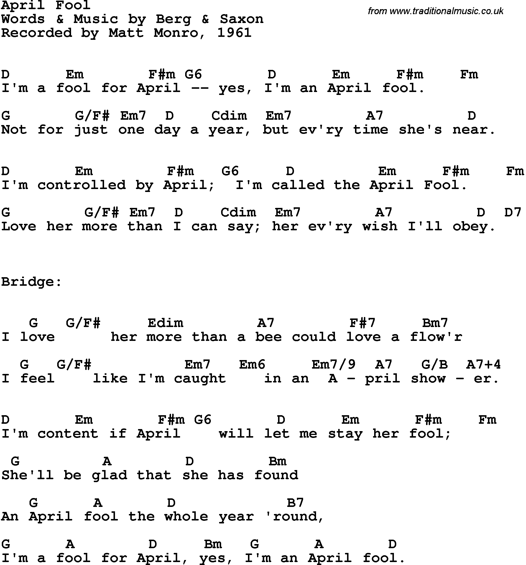 Song Lyrics with guitar chords for April Fool - Matt Monro, 1961