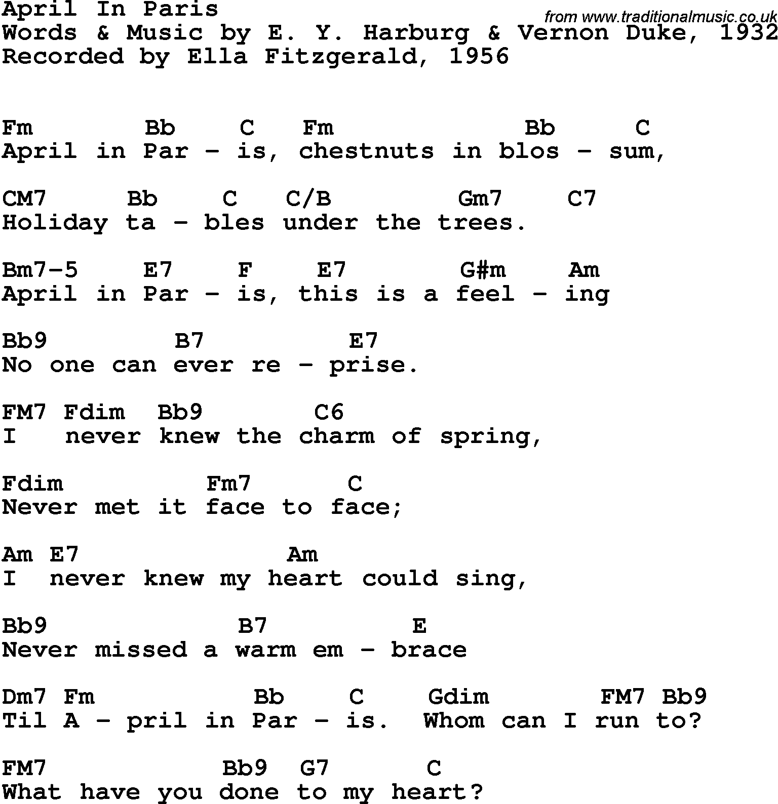 Song Lyrics with guitar chords for April In Paris - Ella Fitzgerald, 1956