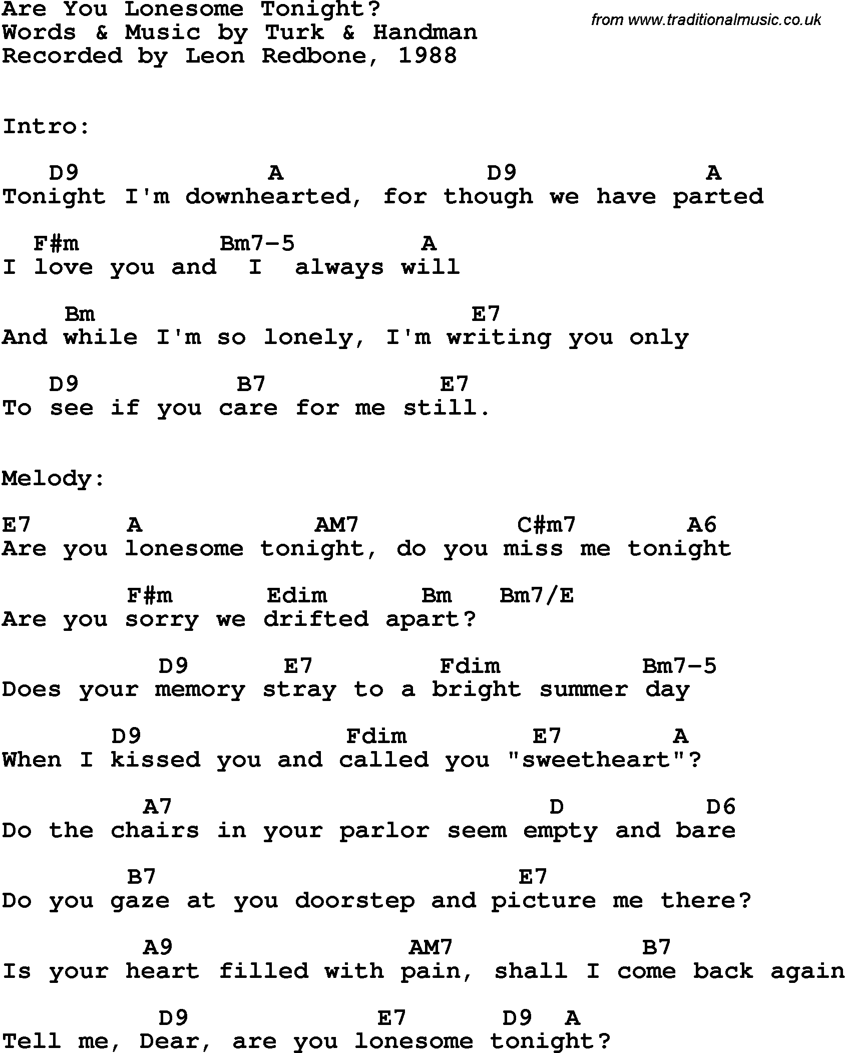 Song Lyrics with guitar chords for Are You Lonesome Tonight - Leon Redbone, 1988