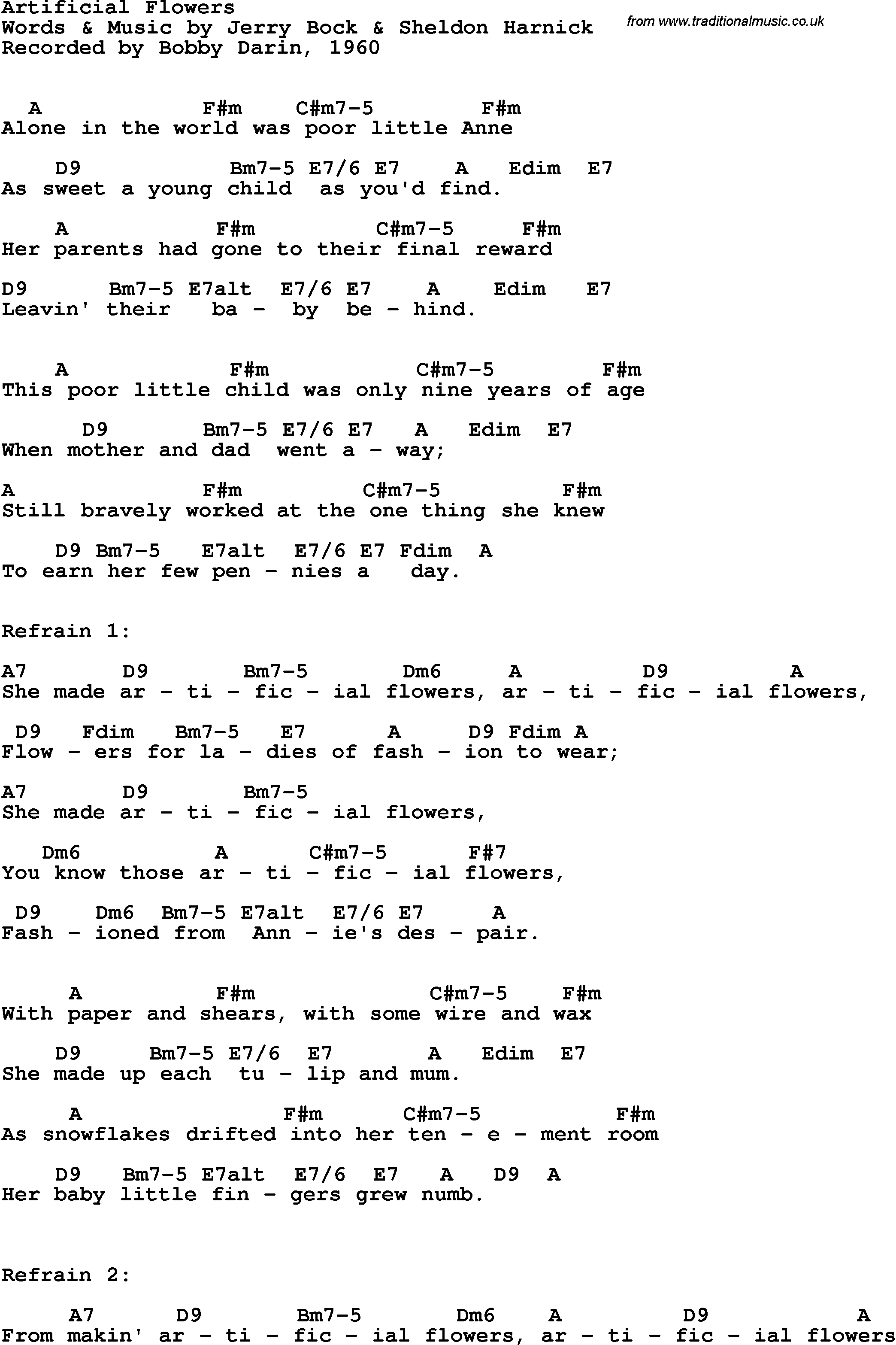 Song Lyrics with guitar chords for Artificial Flowers - Bobby Darin, 1960