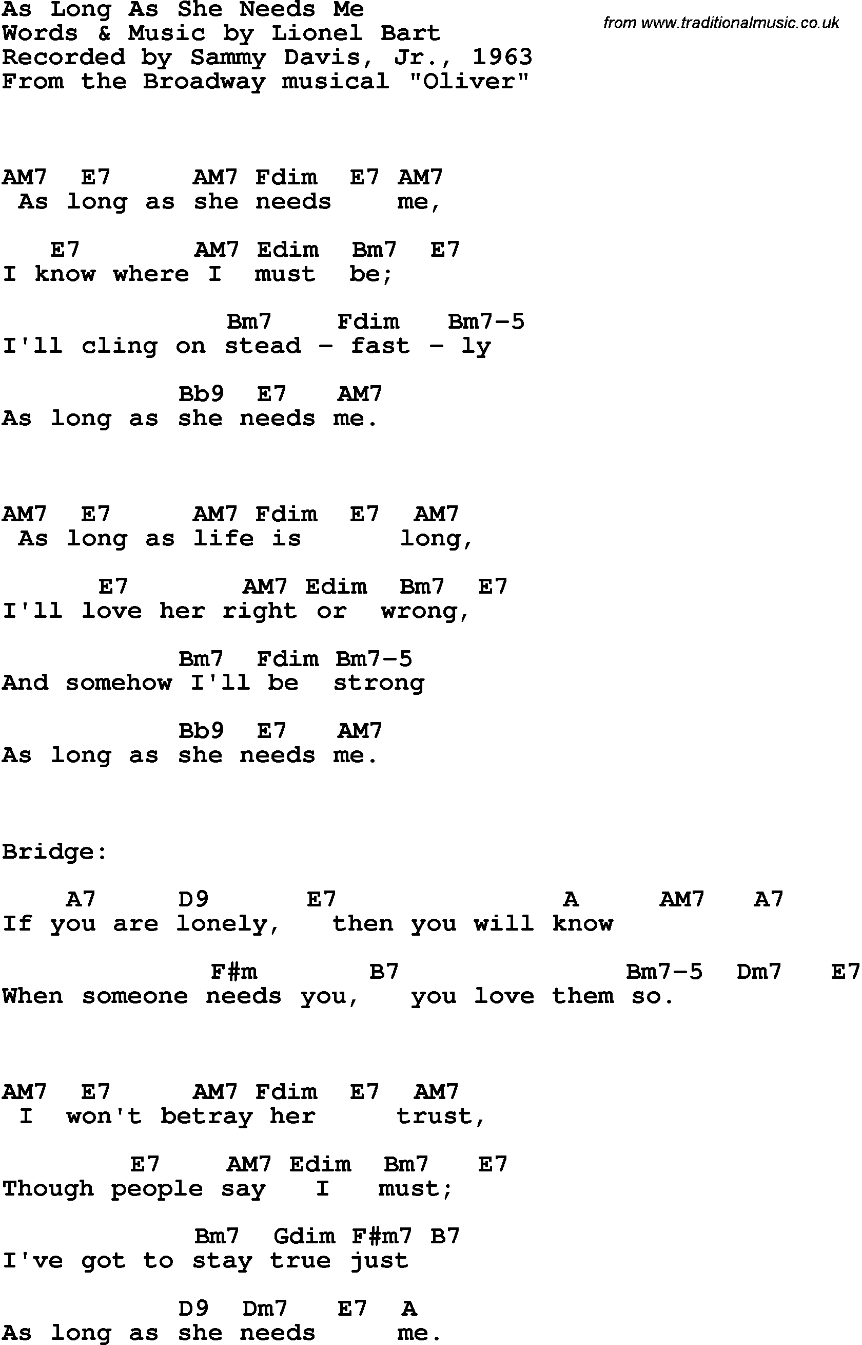 Song Lyrics with guitar chords for As Long As She Needs Me - Sammy Davis, Jr