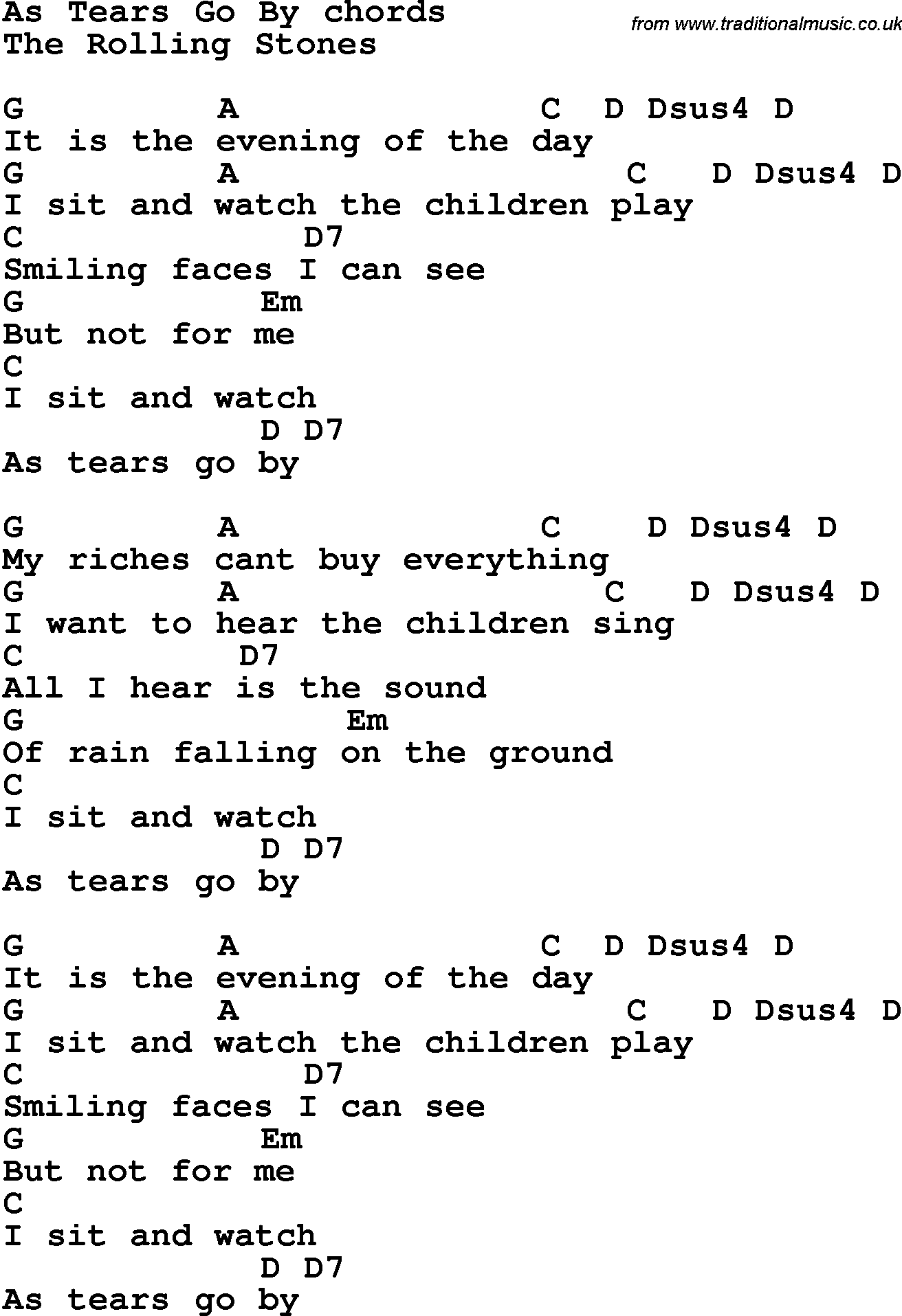 Song lyrics with guitar chords for As Tears Go By - The Rolling Stones