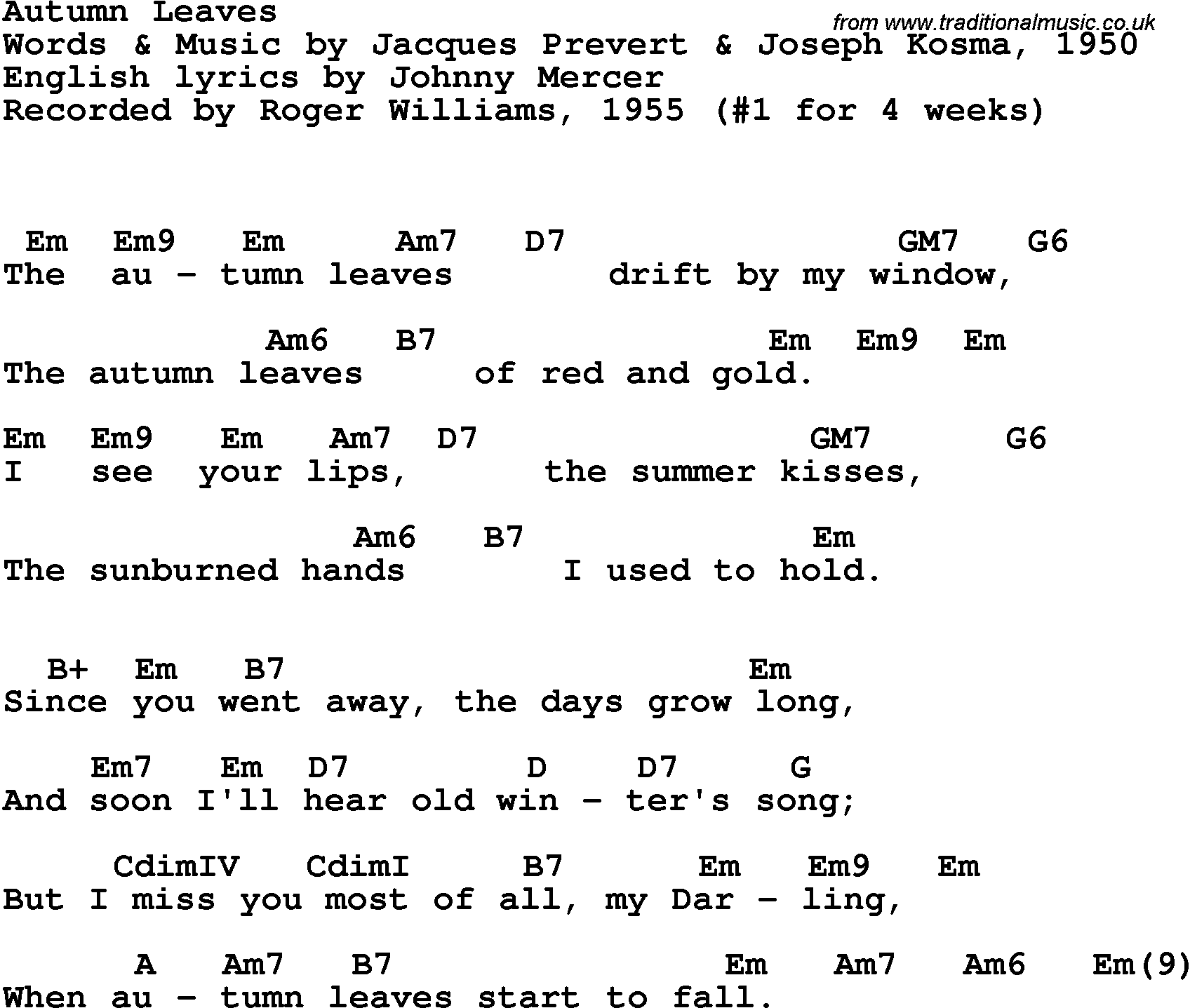Song Lyrics with guitar chords for Autumn Leaves - Roger Williams, 1955
