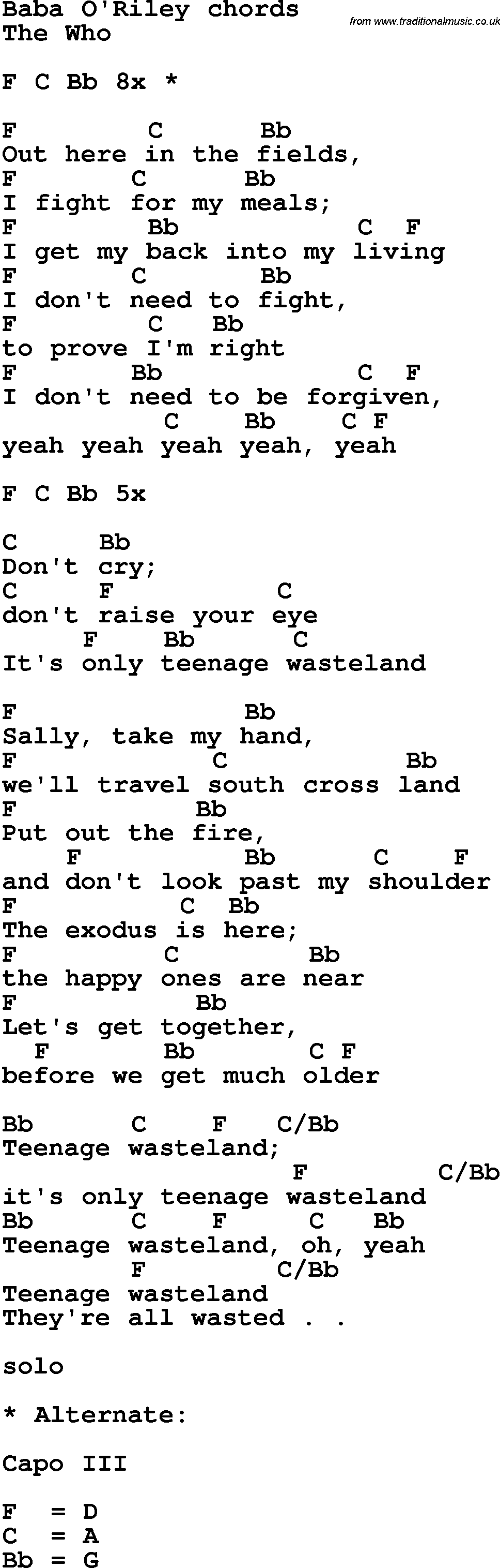 Song Lyrics with guitar chords for Baba Oriley