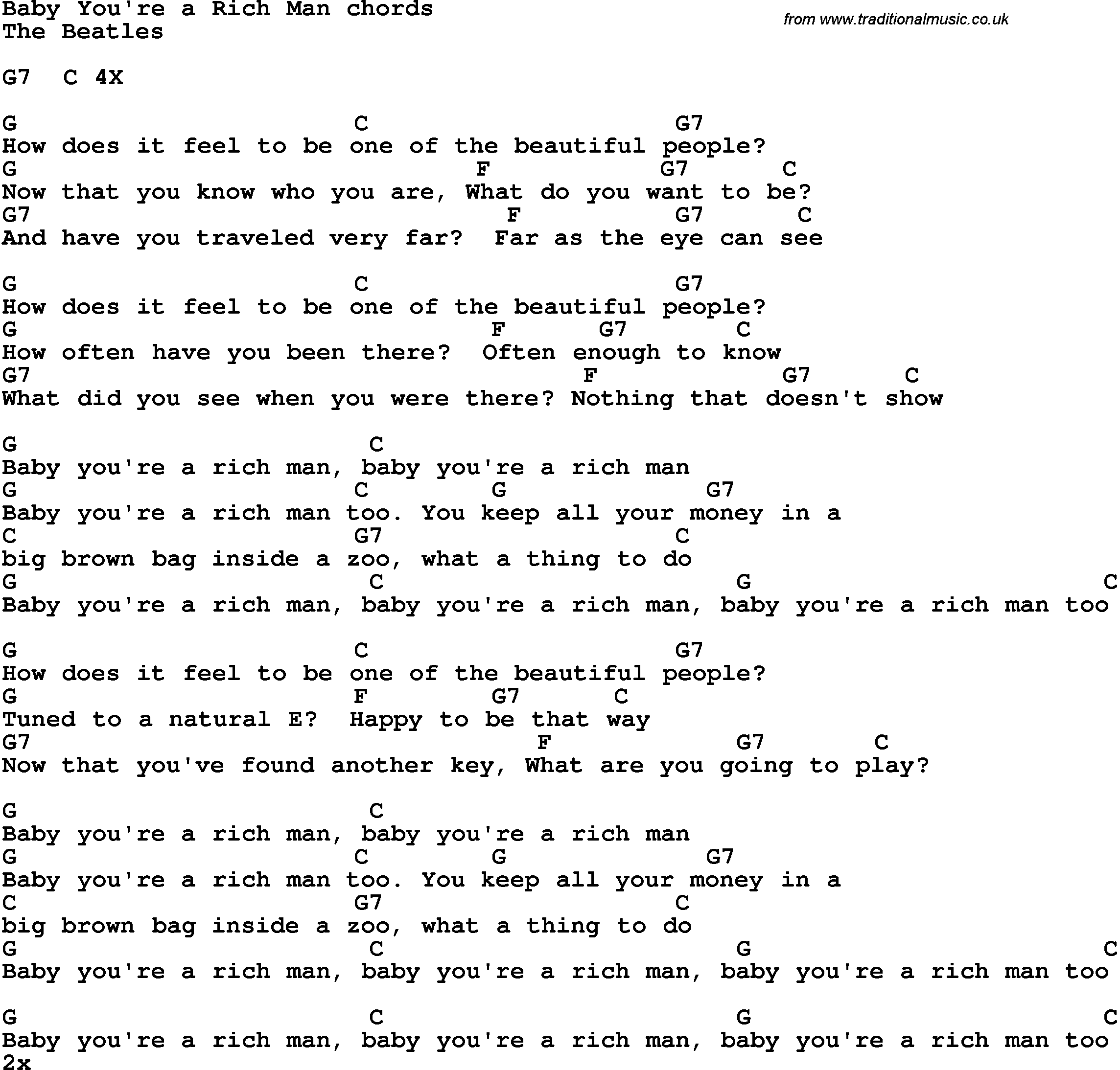 Song Lyrics with guitar chords for Baby You're A Rich Man