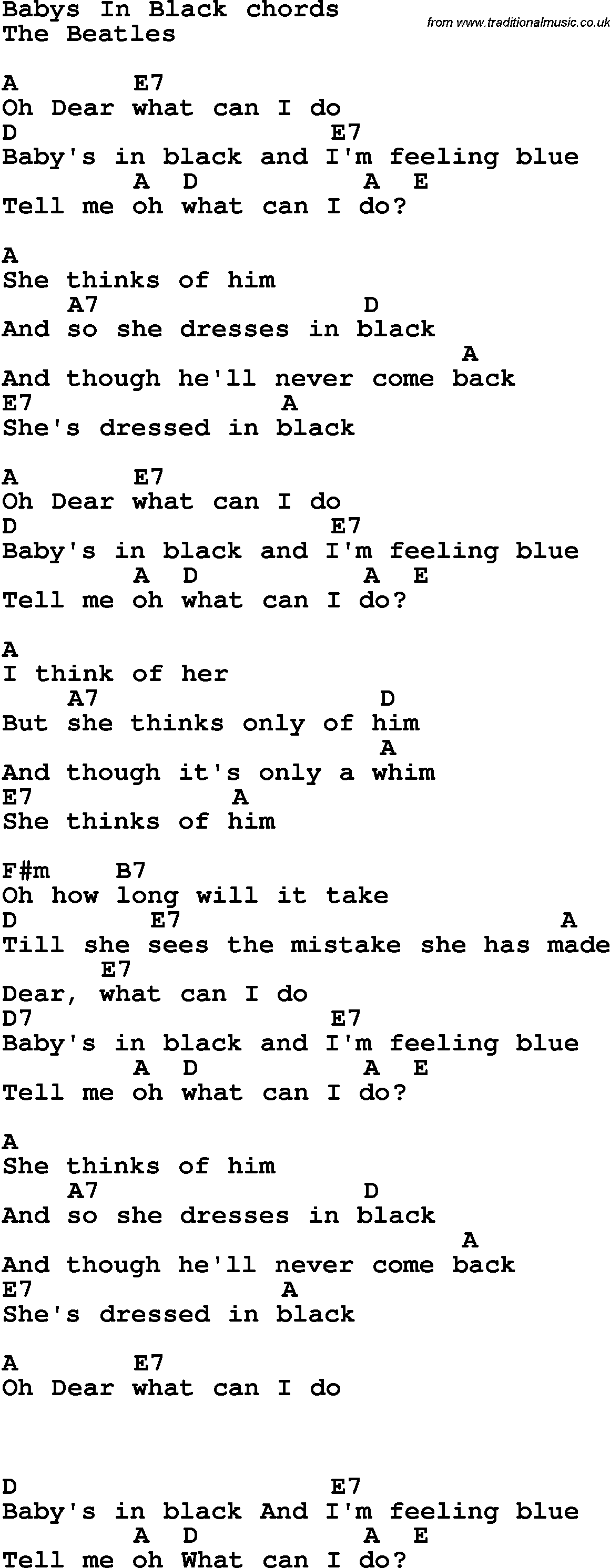 Song Lyrics with guitar chords for Baby's In Black - The Beatles