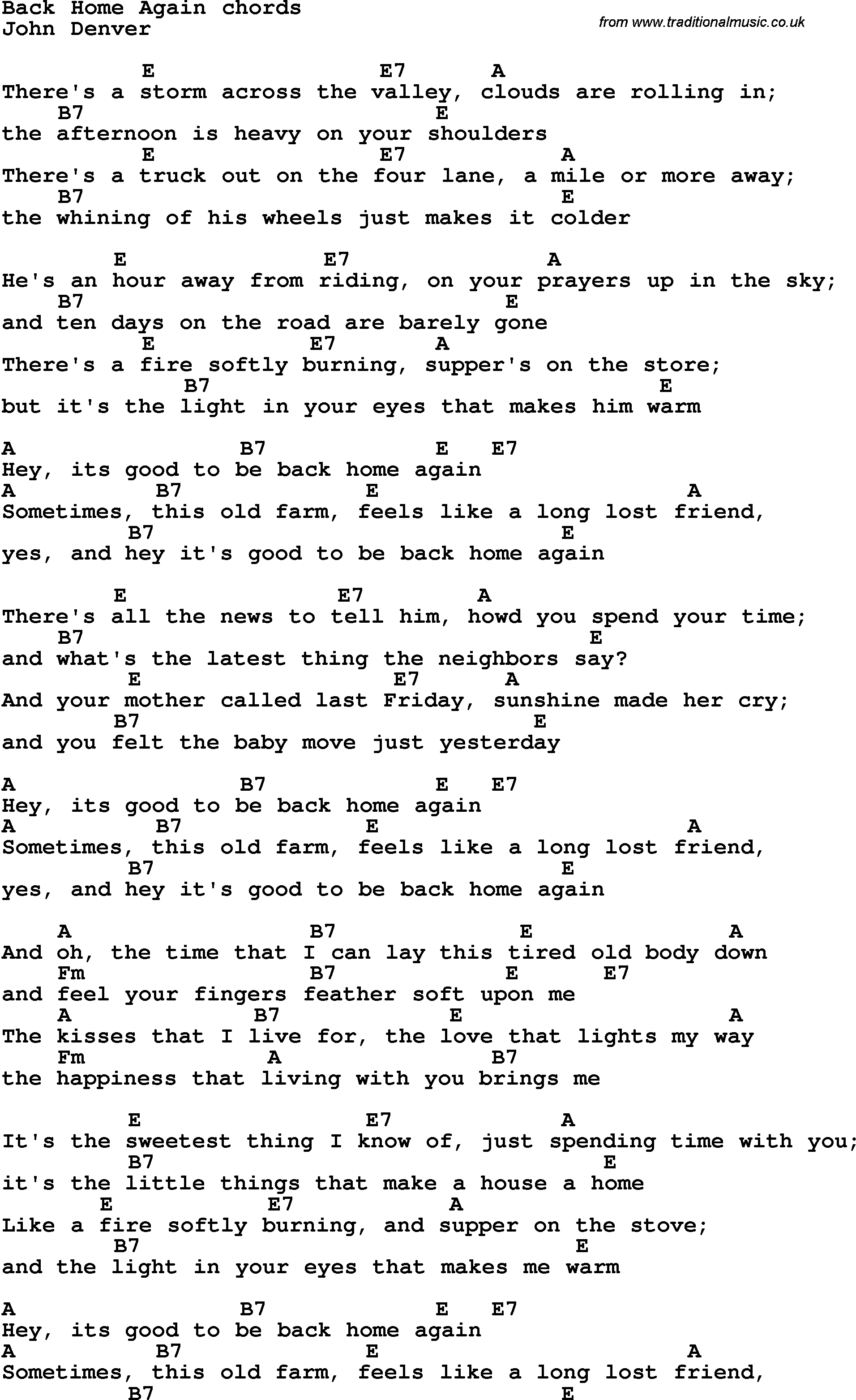 Song Lyrics with guitar chords for Back Home Again
