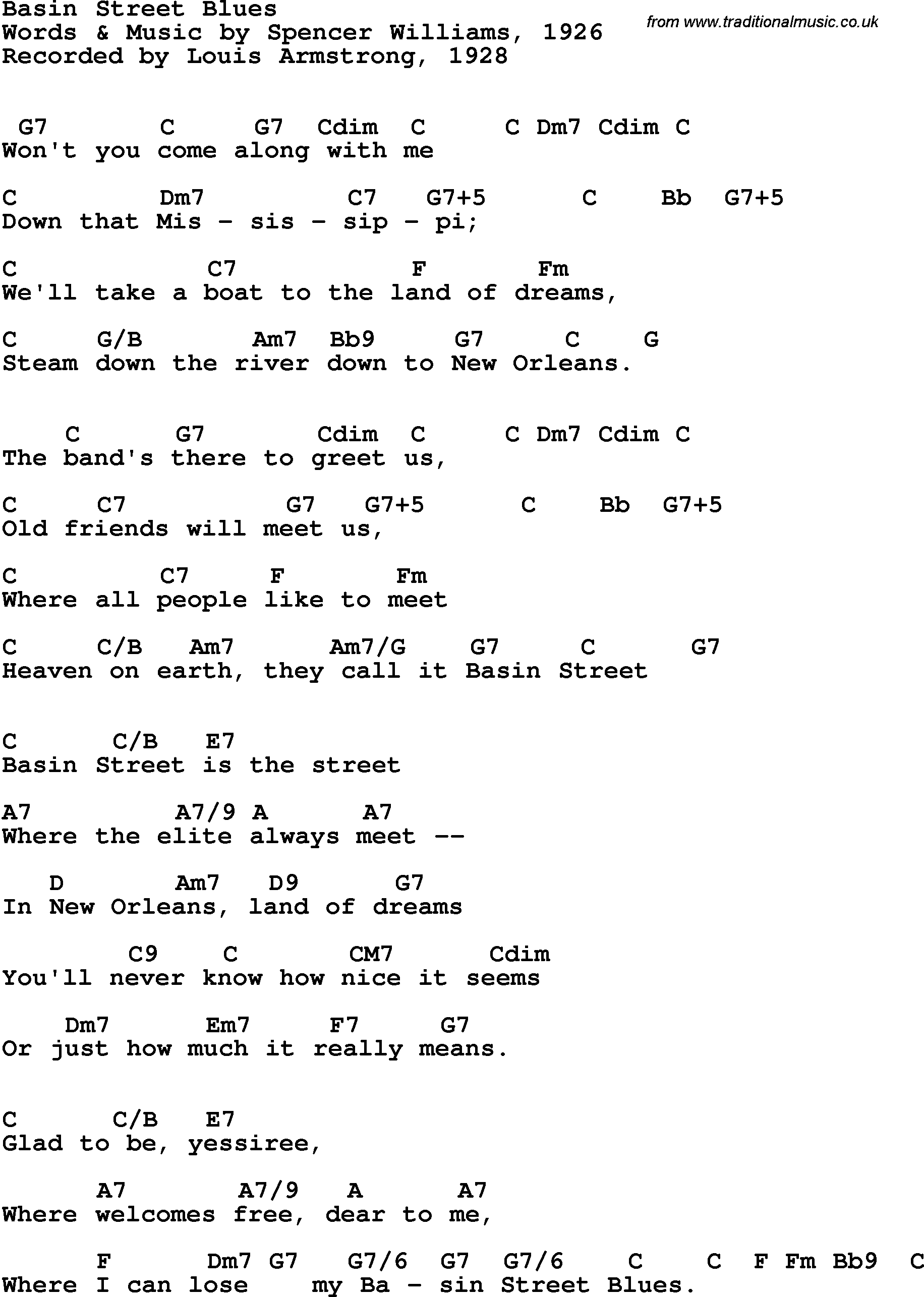 Song Lyrics with guitar chords for Basin Street Blues - Louis Armstrong, 1928