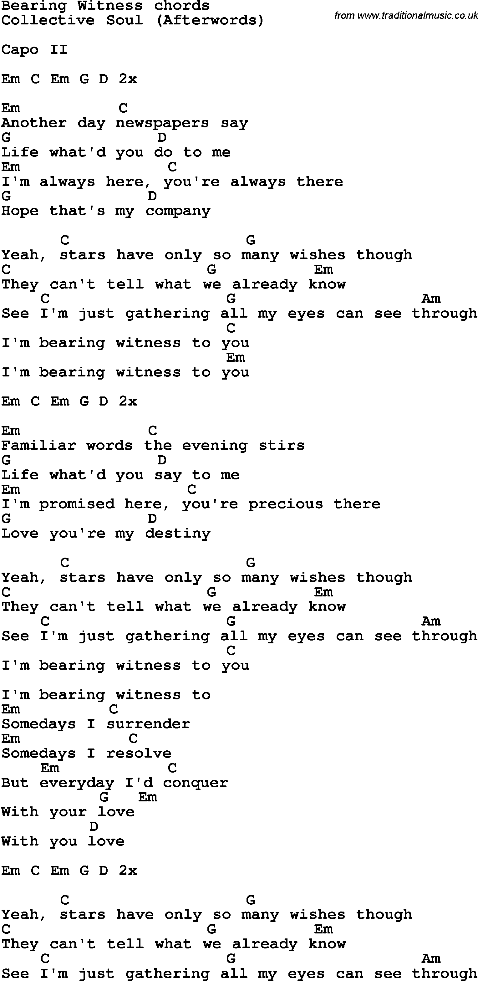 Song Lyrics with guitar chords for Bearing Witness