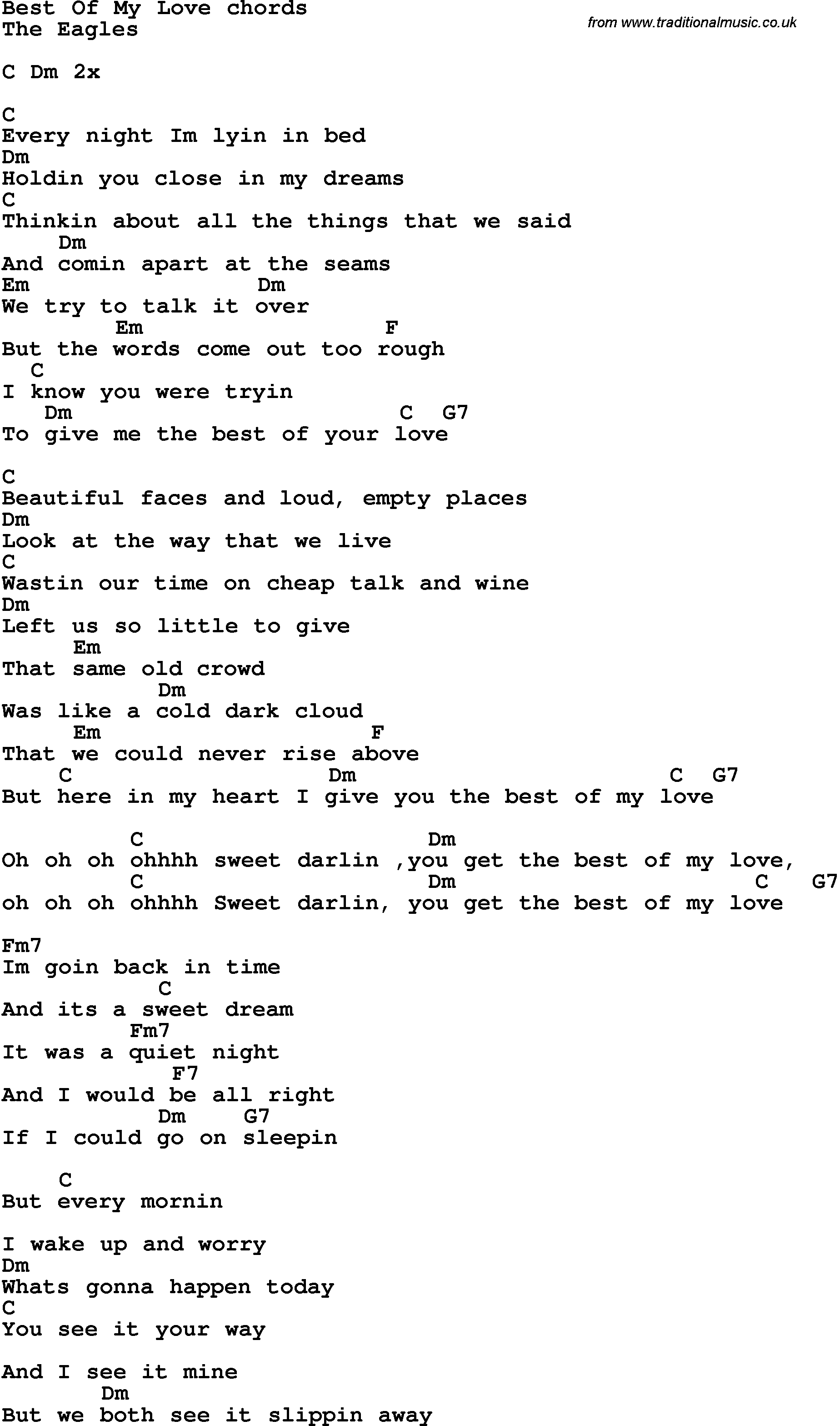 Song Lyrics with guitar chords for Best Of My Love