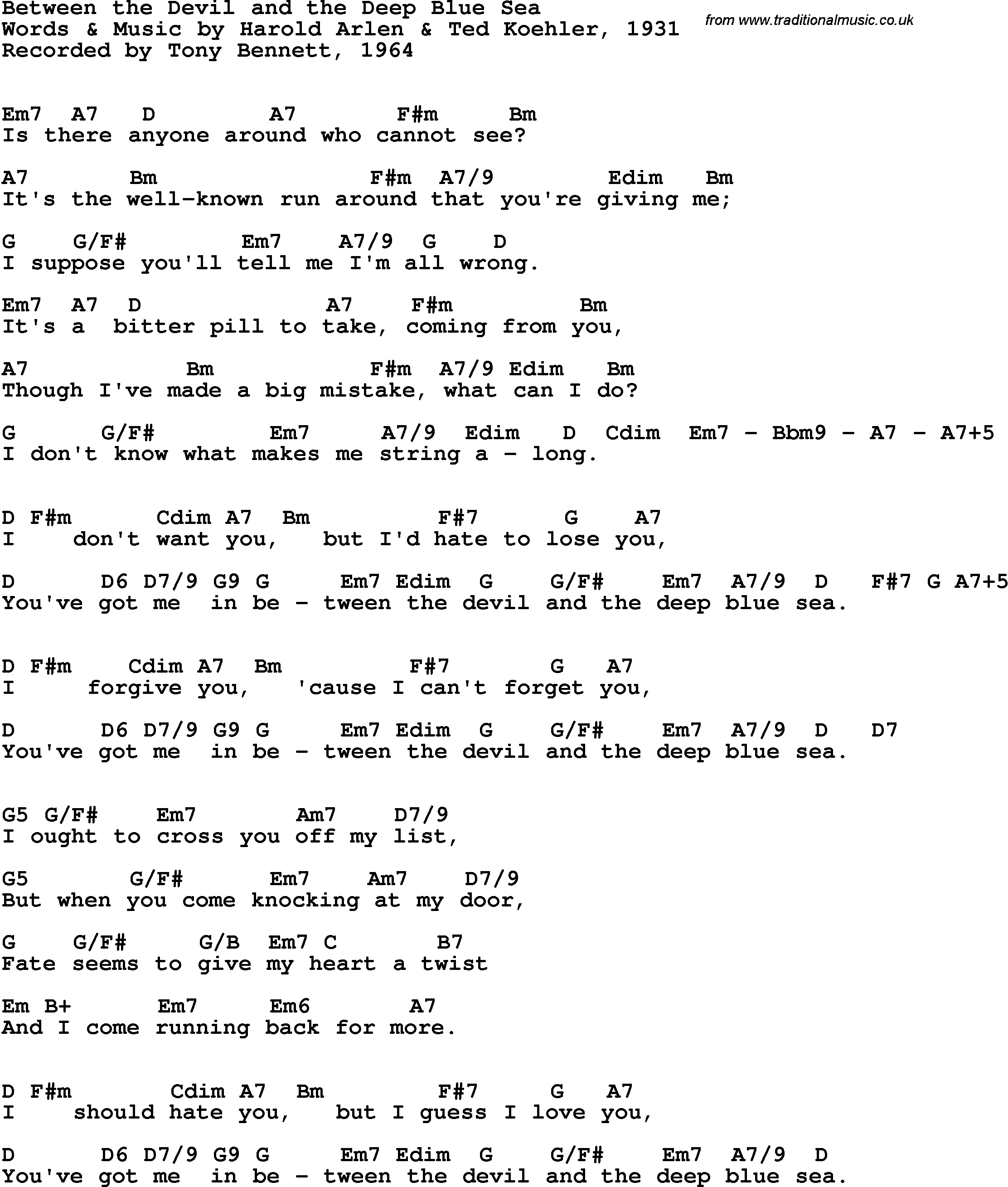 Song Lyrics with guitar chords for Between The Devil And The Deep Blue Sea - Tony Bennett, 1964