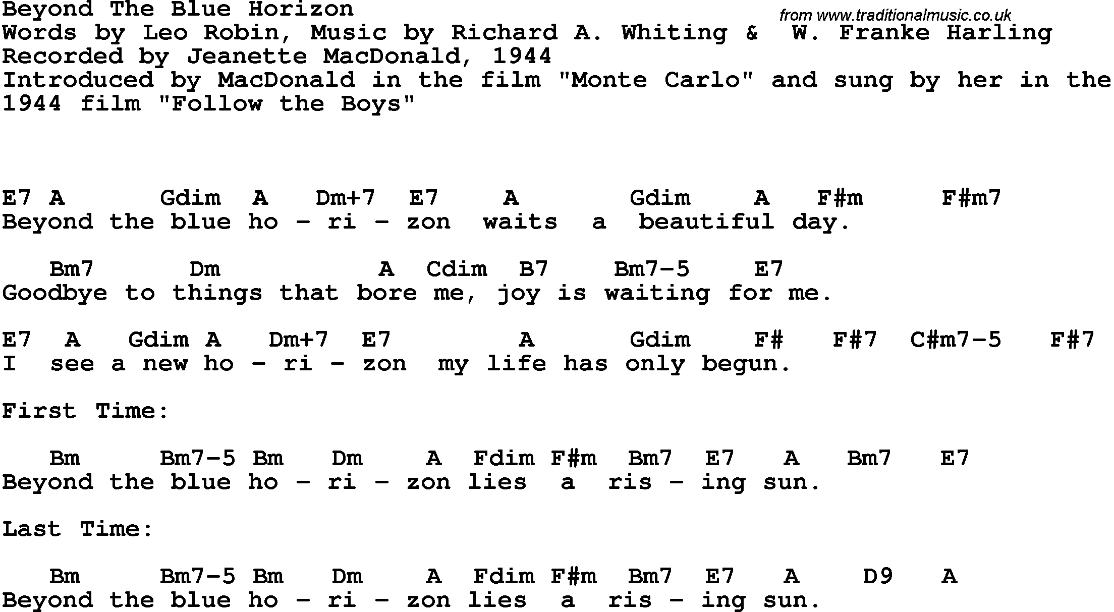 Song Lyrics with guitar chords for Beyond The Blue Horizon - Jeanette Macdonald, 1944
